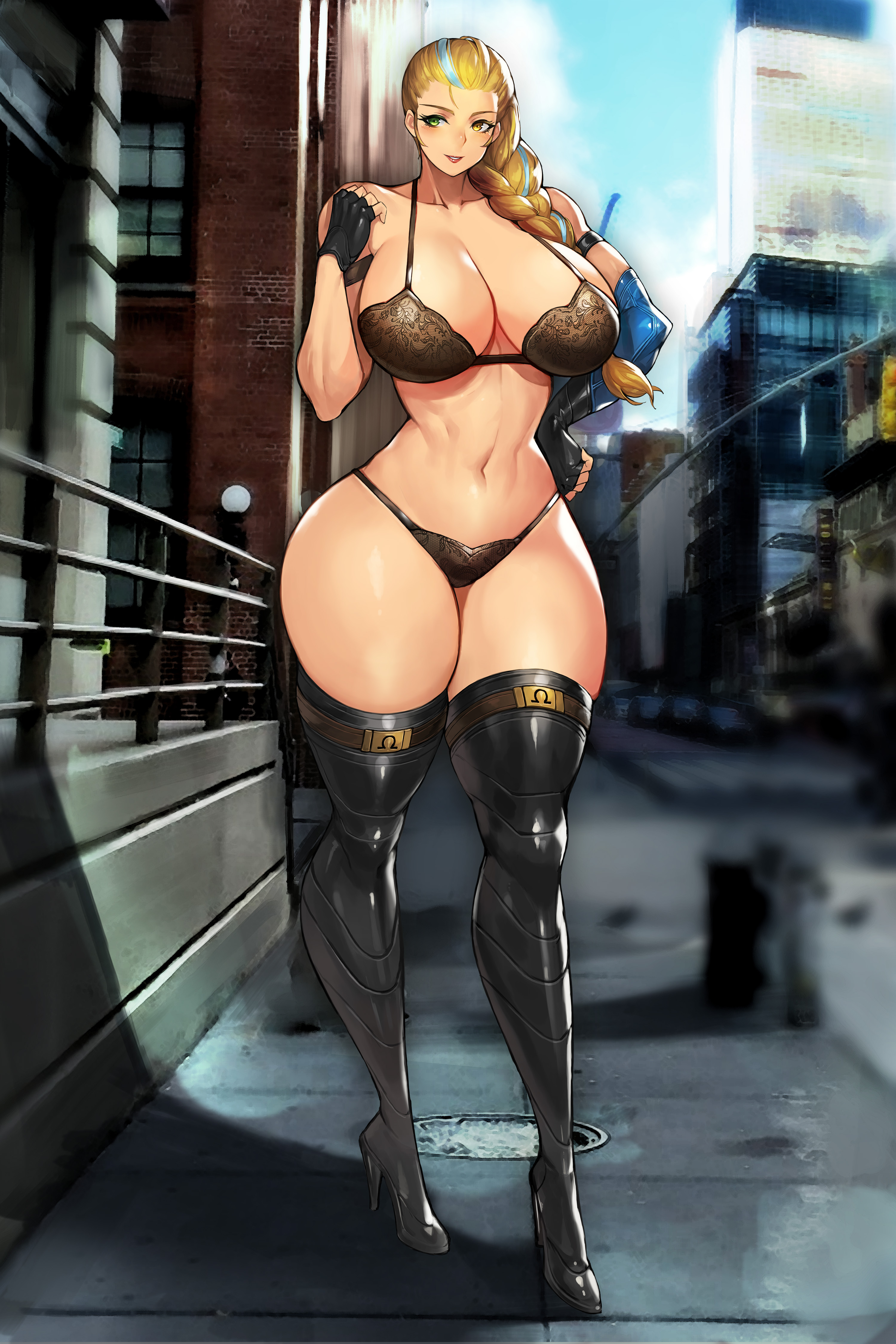 Anime 3000x4500 thigh high boots heels blonde braids heterochromia big boobs thighs Patriotika Gods and Shadow cleavage curvy underwear huge breasts thick thigh blushing tight waist green eyes yellow eyes smiling gloves fingerless gloves hourglass body wide hips anime girls belly
