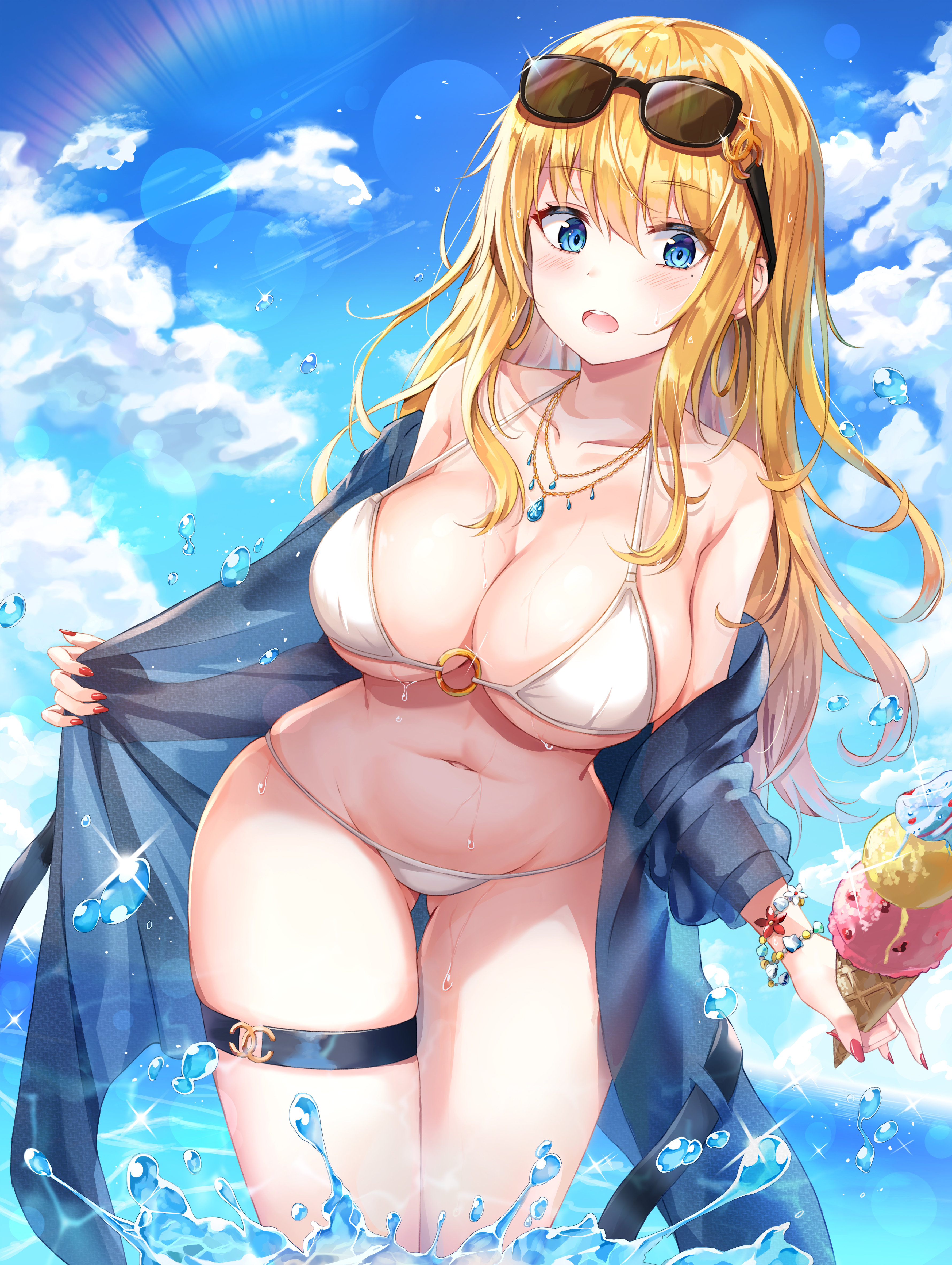 Anime 3561x4730 anime anime girls Lkeris big boobs bikini clouds sky blonde blue eyes sunglasses ice cream water standing in water