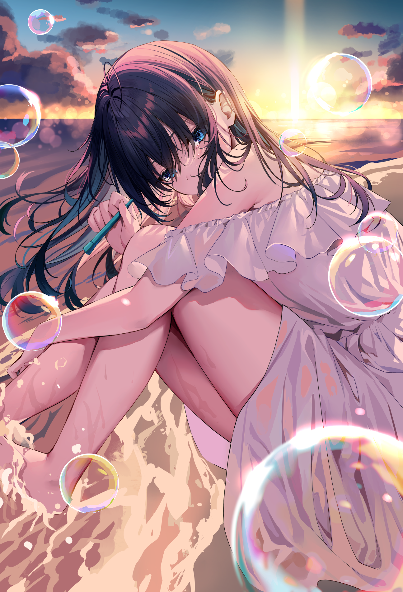 Anime 1295x1902 anime anime girls water bubbles sunset clouds beach looking at viewer