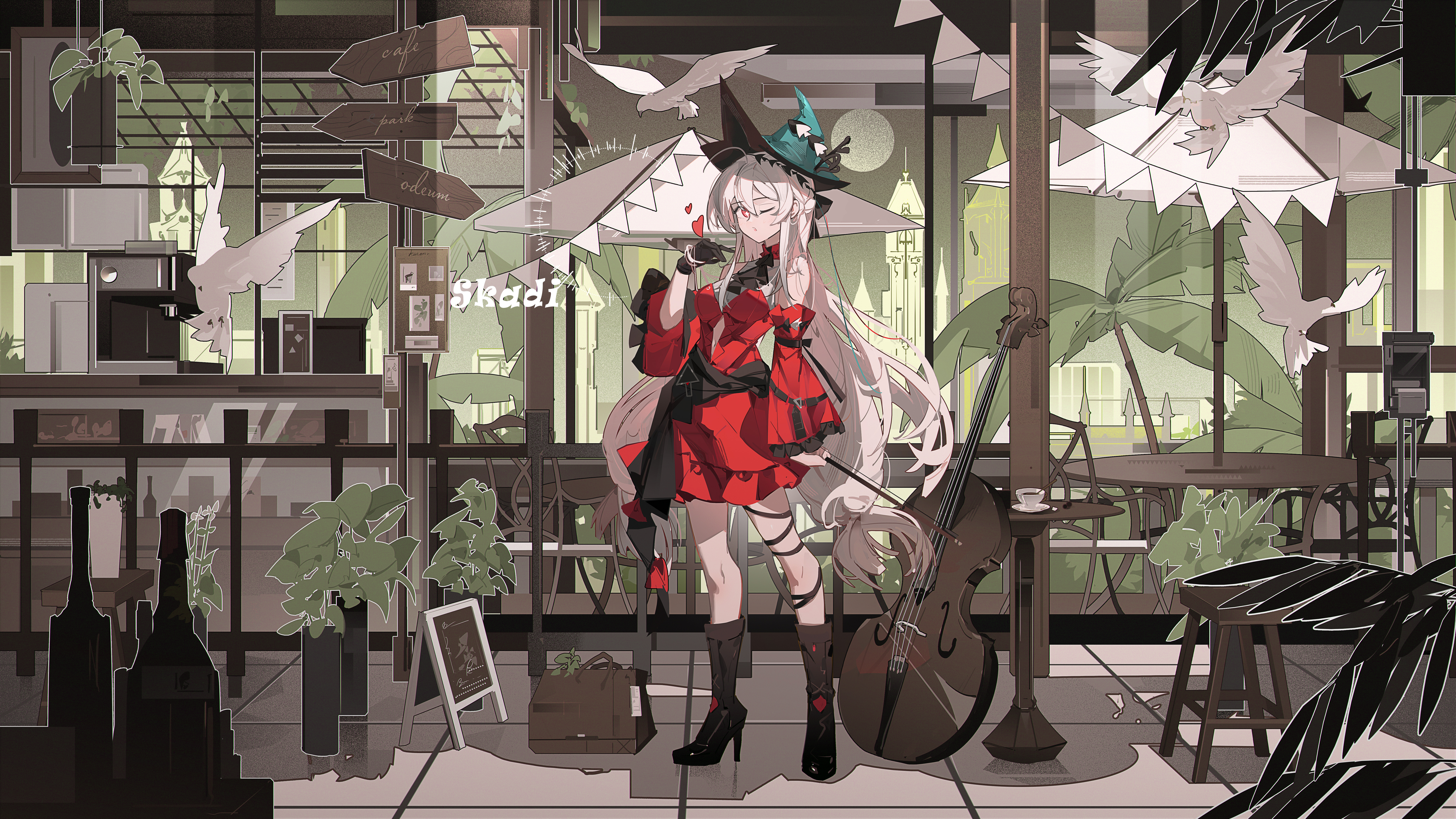 Anime 7500x4219 anime Arknights Skadi (Arknights) Pixiv anime girls standing looking at viewer long hair one eye closed wink heart cello chair musical instrument table bare shoulders dress high heeled boots birds high heels window hat hair between eyes leaves gloves sign interior cafe bag white hair red eyes star eyes frills cup animals coffee drink coffee machine krao