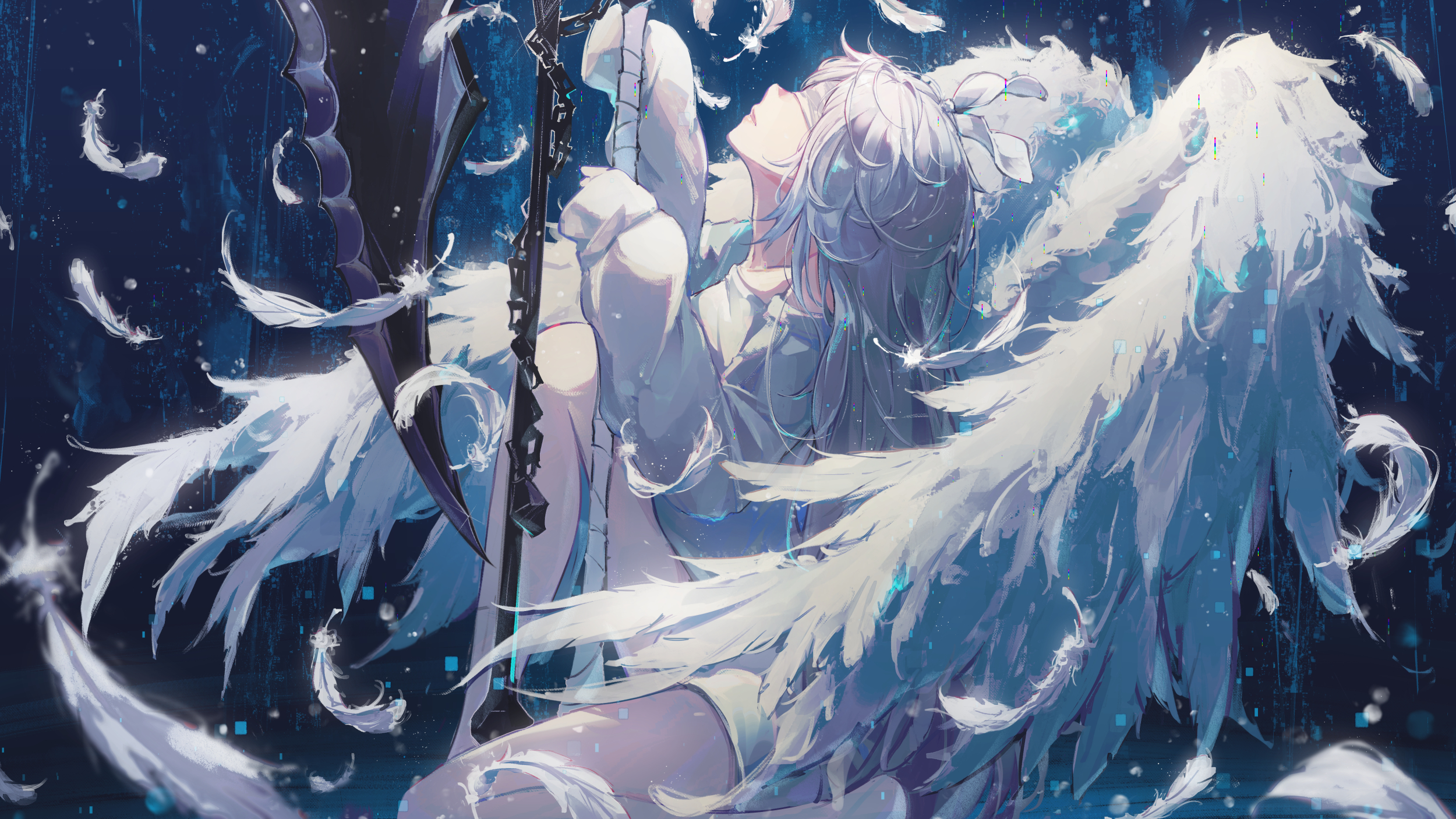 Anime 2500x1406 wings angel scythe feathers blindfold long hair white hair chains angel wings parted lips weapon anime girls bent legs looking up Fuunyon