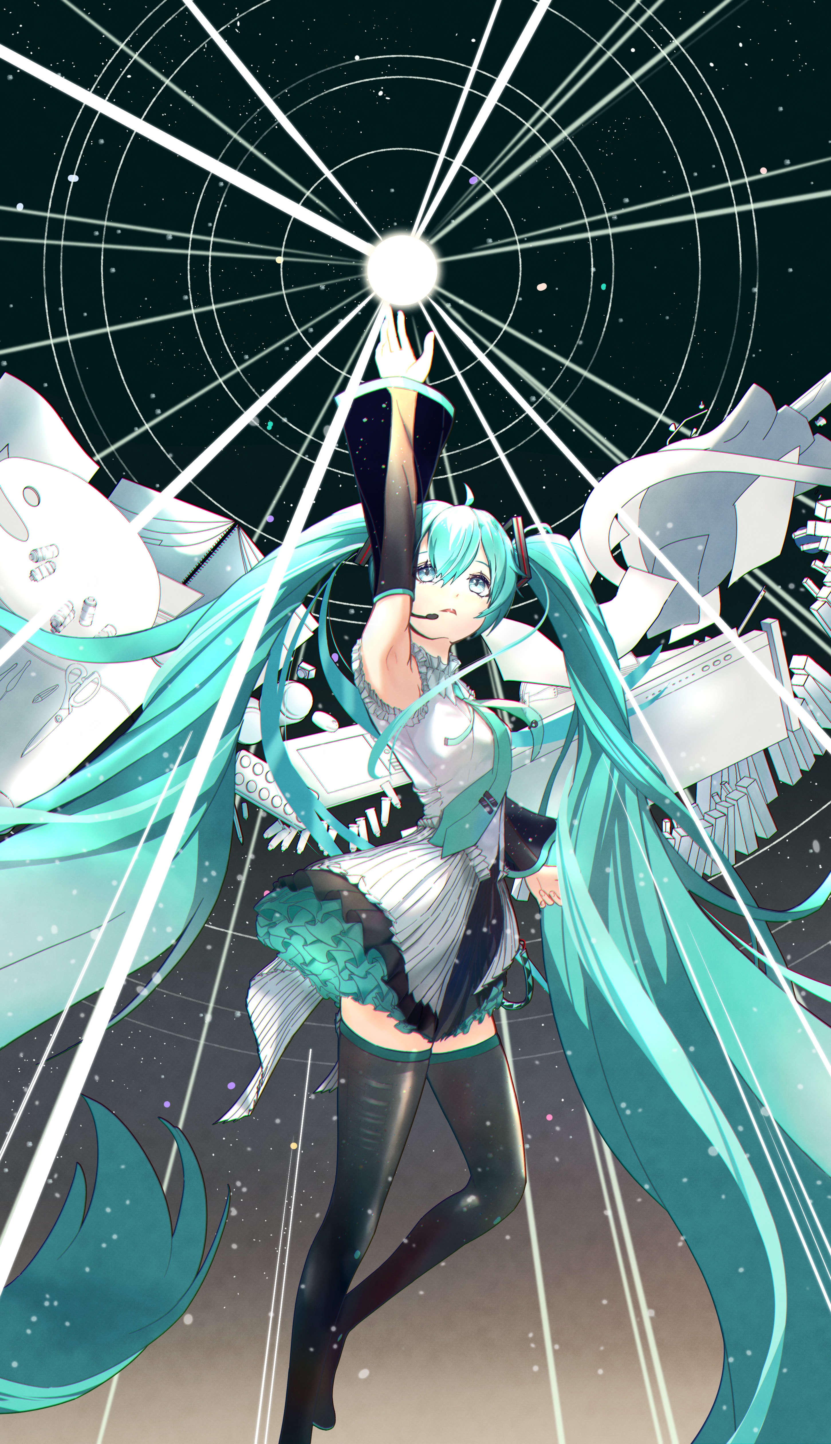 Anime 2902x5039 Hatsune Miku anime Vocaloid anime girls keika_0001 long hair portrait display twintails hair between eyes blue hair blue eyes looking up parted lips armpits detached sleeves frills stockings headphones stars arms reaching skirt tie space