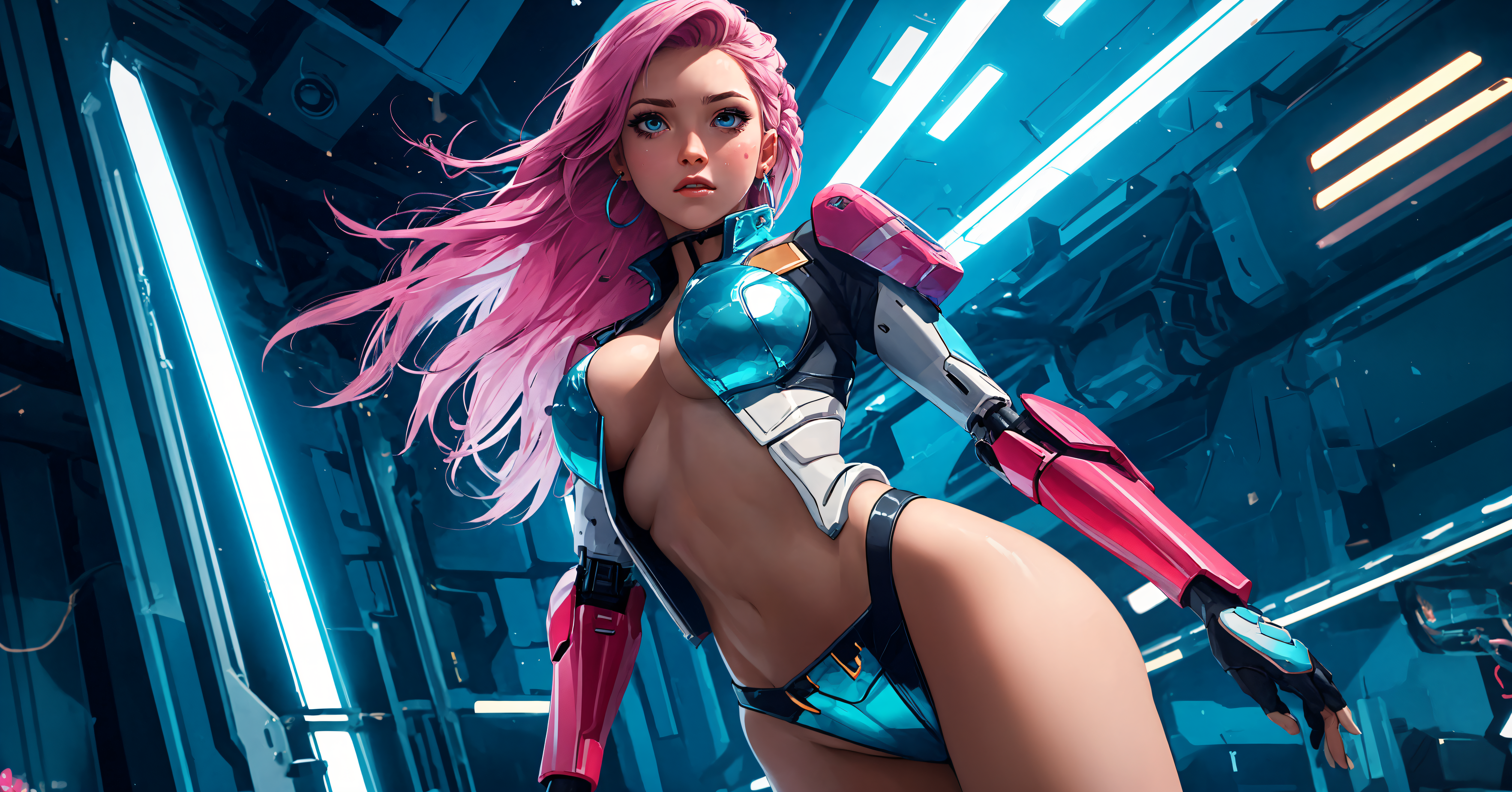 Anime 4032x2112 mecha girls anime girls fit body pink hair Armored Core VI robot AI art looking at viewer big boobs open clothes no bra hoop earrings earring parted lips blue eyes long hair slim body fingerless gloves thighs