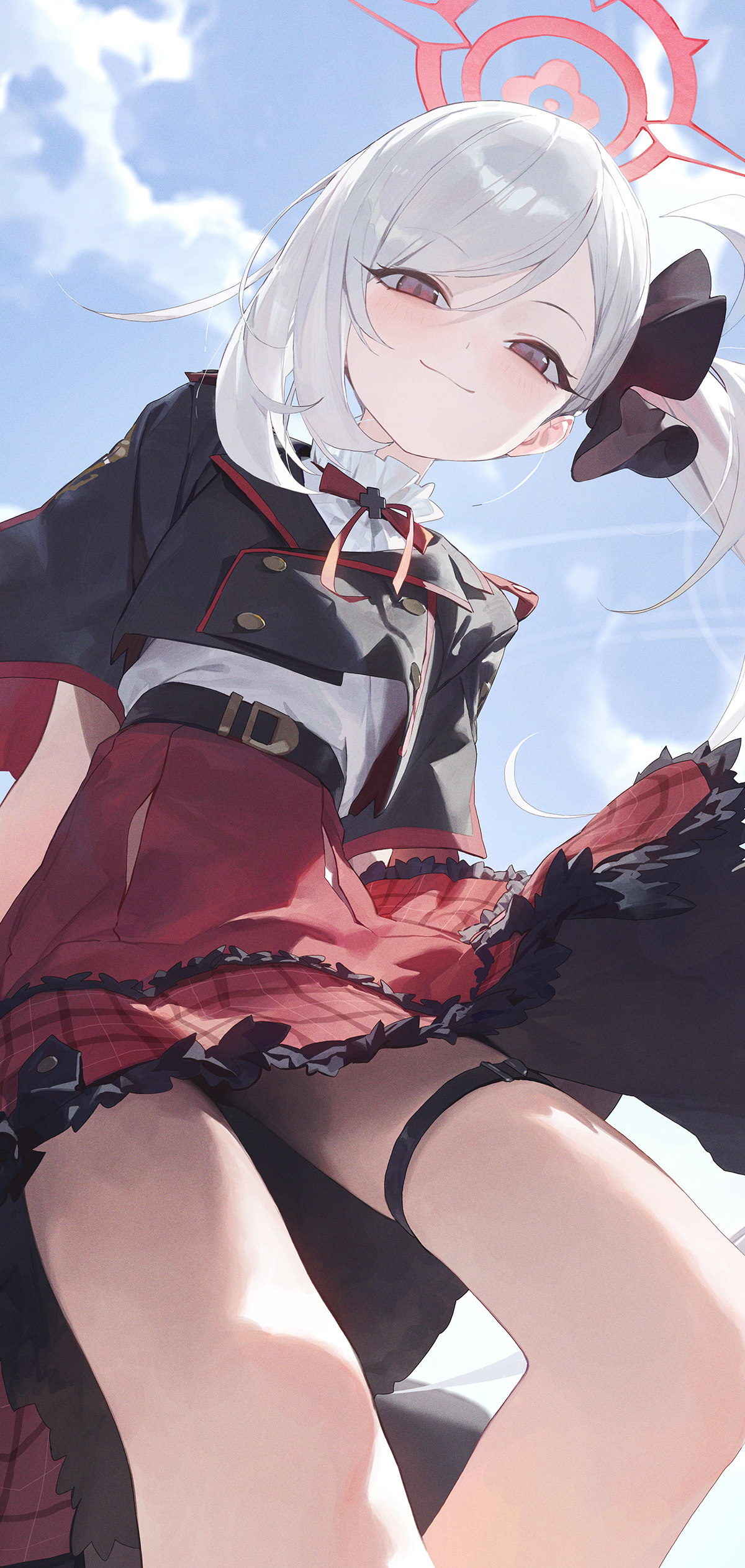 Anime 1200x2523 anime anime girls Mossi (artist) Blue Archive portrait display smiling closed mouth white hair looking at viewer frills outdoors women outdoors Asagi Mutsuki (Blue Archive) Side ponytail ponytail petticoat leg ring sky clouds blushing red eyes bow tie sunlight