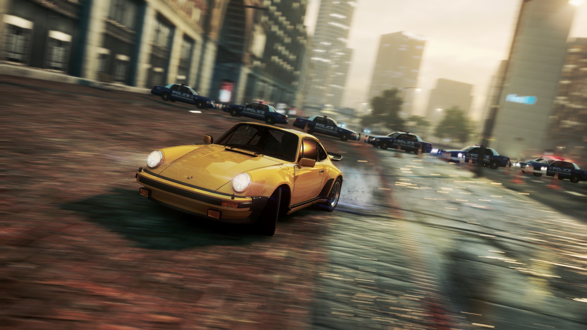General 1920x1080 Need for Speed video games Porsche 911 Porsche German cars Volkswagen Group car Electronic Arts vehicle frontal view headlights video game art screen shot motion blur blurred police cars building