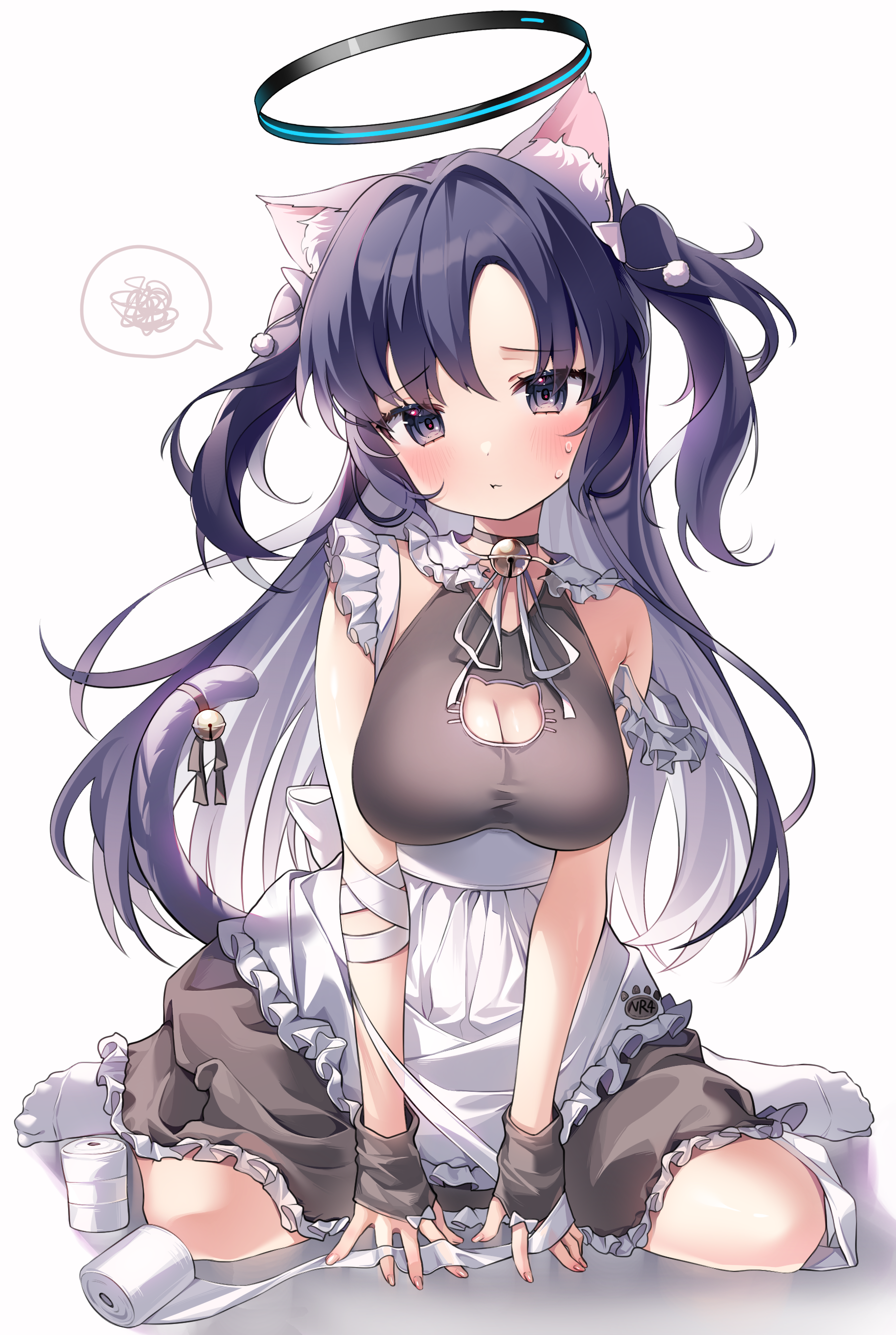 Anime 1791x2669 anime anime girls white background frills simple background maid portrait display maid outfit NyaRuin Hayase Yuuka Blue Archive long hair blushing looking at viewer bare shoulders cleavage big boobs kneeling wariza toilet paper on the floor cat girl cat ears cat tail bells speech bubble sweatdrop choker hair ornament purple hair gradient eyes bent legs