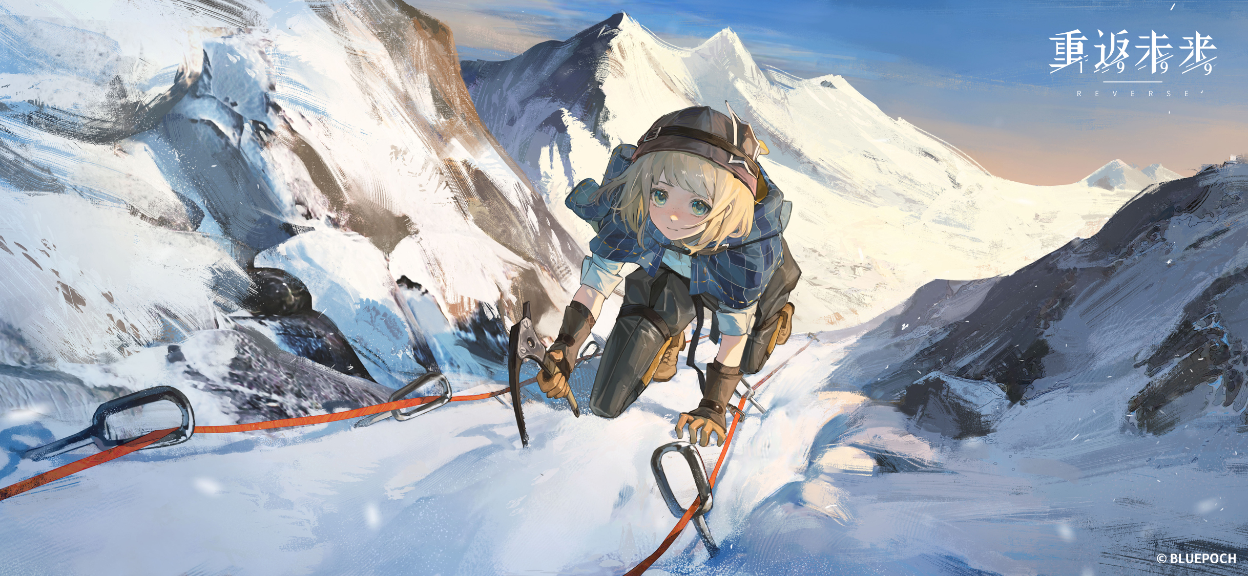 Anime 2436x1125 Reverse: 1999 mountains Ezra Theodore climbing blonde watermarked Japanese short hair clear sky blue eyes snow ice axe ropes snowing blunt bangs gloves bob cut brown gloves outdoors anime anime girls looking away sunlight women outdoors sky kanji