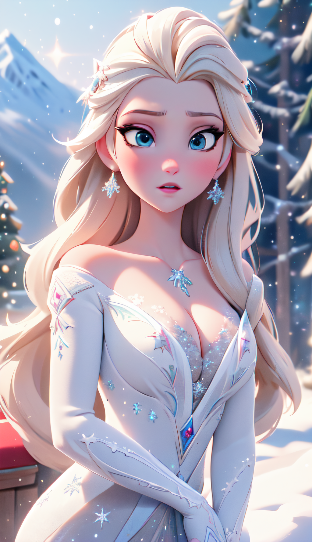 General 1024x1776 snow portrait display necklace pale women boobs big boobs Frozen 2 Frozen (movie) AI art outdoors women outdoors looking at viewer cleavage earring hair ornament Disney princesses Disney off shoulder bare shoulders blushing mountains sunlight parted lips dress trees winter blue eyes blonde collarbone standing digital art long hair