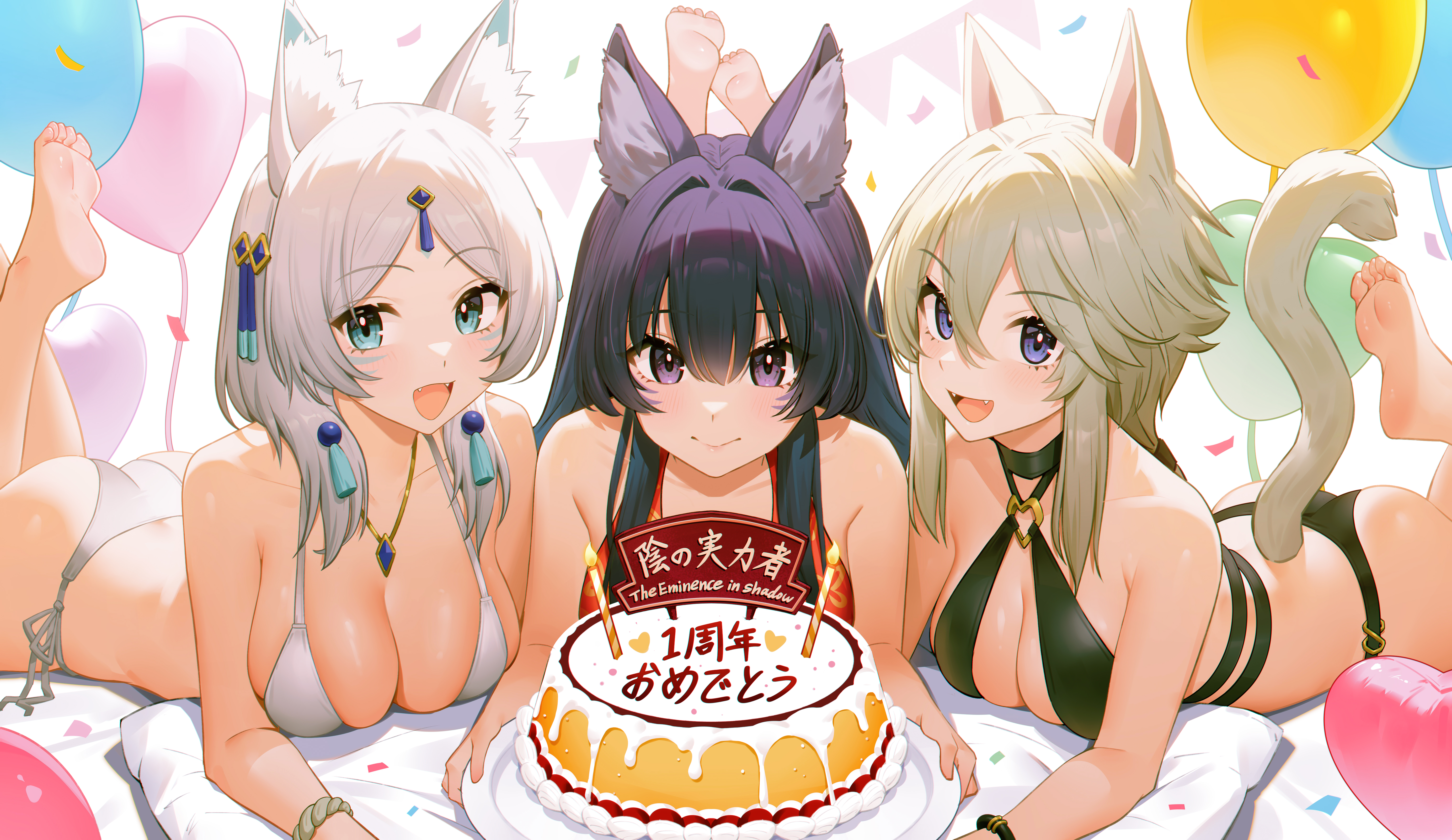 Anime 6080x3520 The Eminence in Shadow anime girls animal ears looking at viewer bikini Delta (The Eminence in Shadow) Yukime (The Eminence in Shadow) Zeta (The Eminence in Shadow) lying on front lying down open mouth birthday cake birthday group of women swimwear hair ornament big boobs women trio barefoot foot sole smiling balloon party balloons ass confetti bare shoulders 95--- white background hair between eyes anime closed mouth Japanese fox ears fox tail fox girl tassels