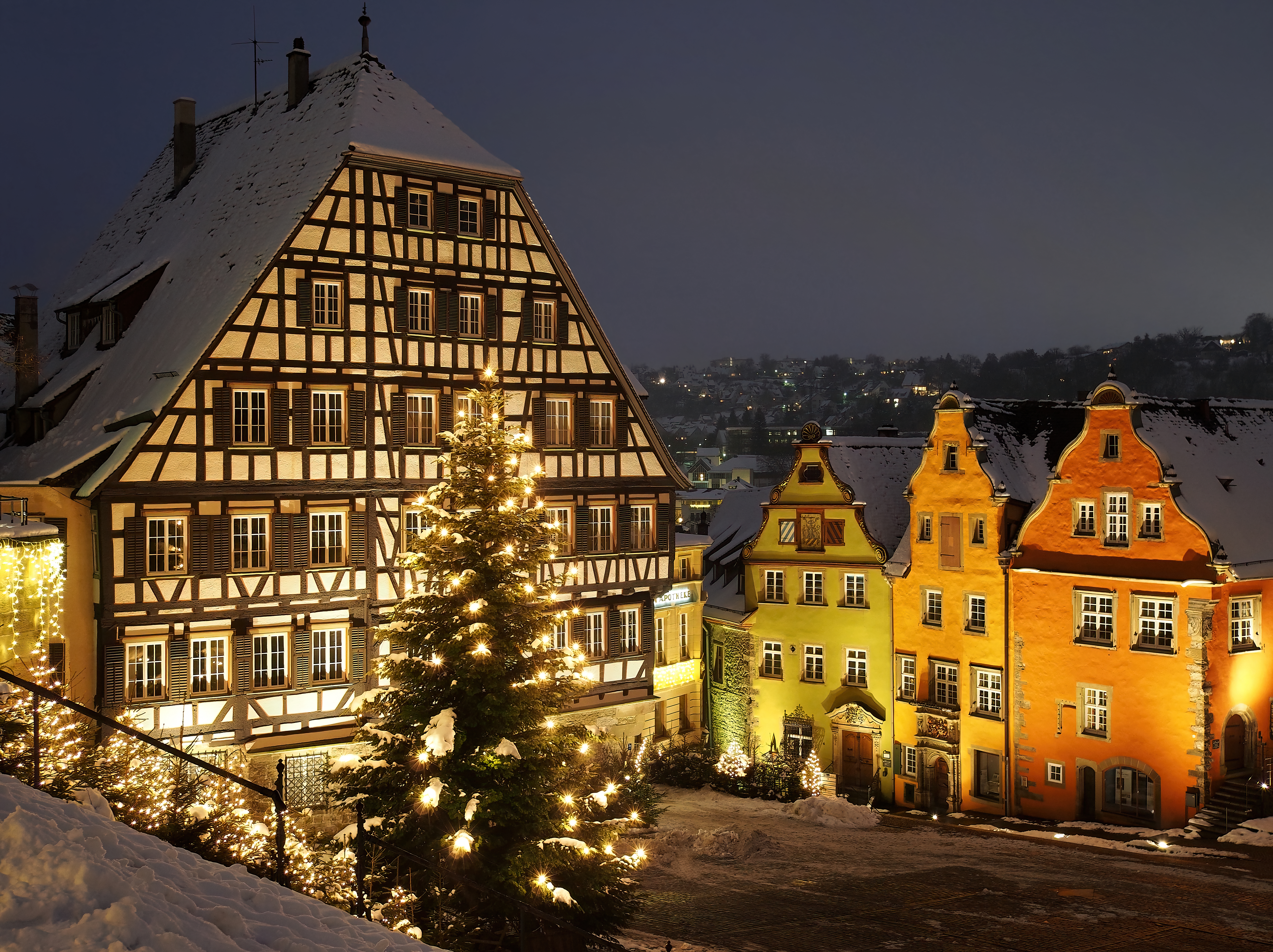 General 4522x3382 winter Germany building photography Christmas tree snow trees night lights city lights Christmas sky