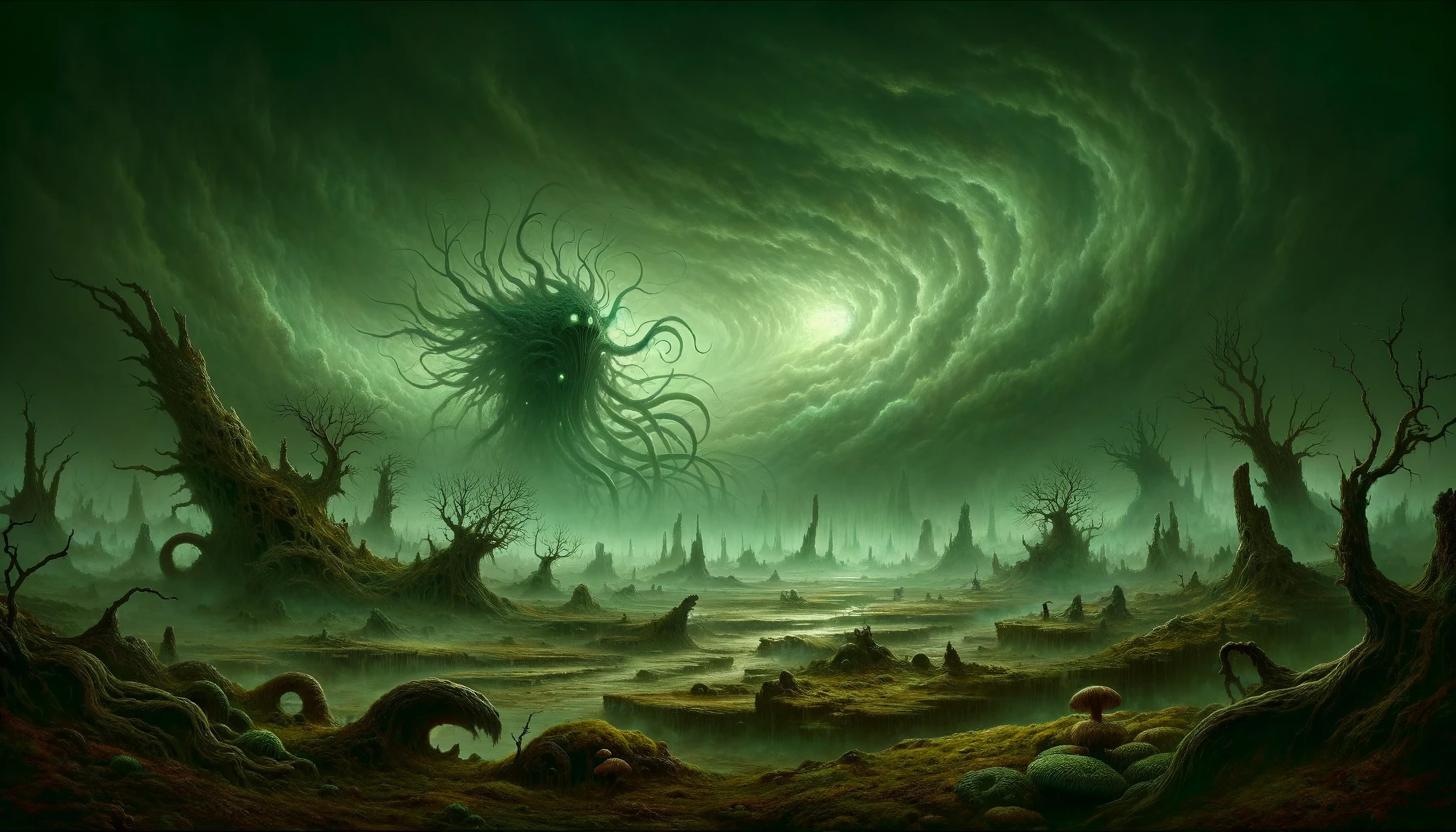 General 3584x2048 AI art digital art H. P. Lovecraft creature horror creepy sky clouds landscape tentacles