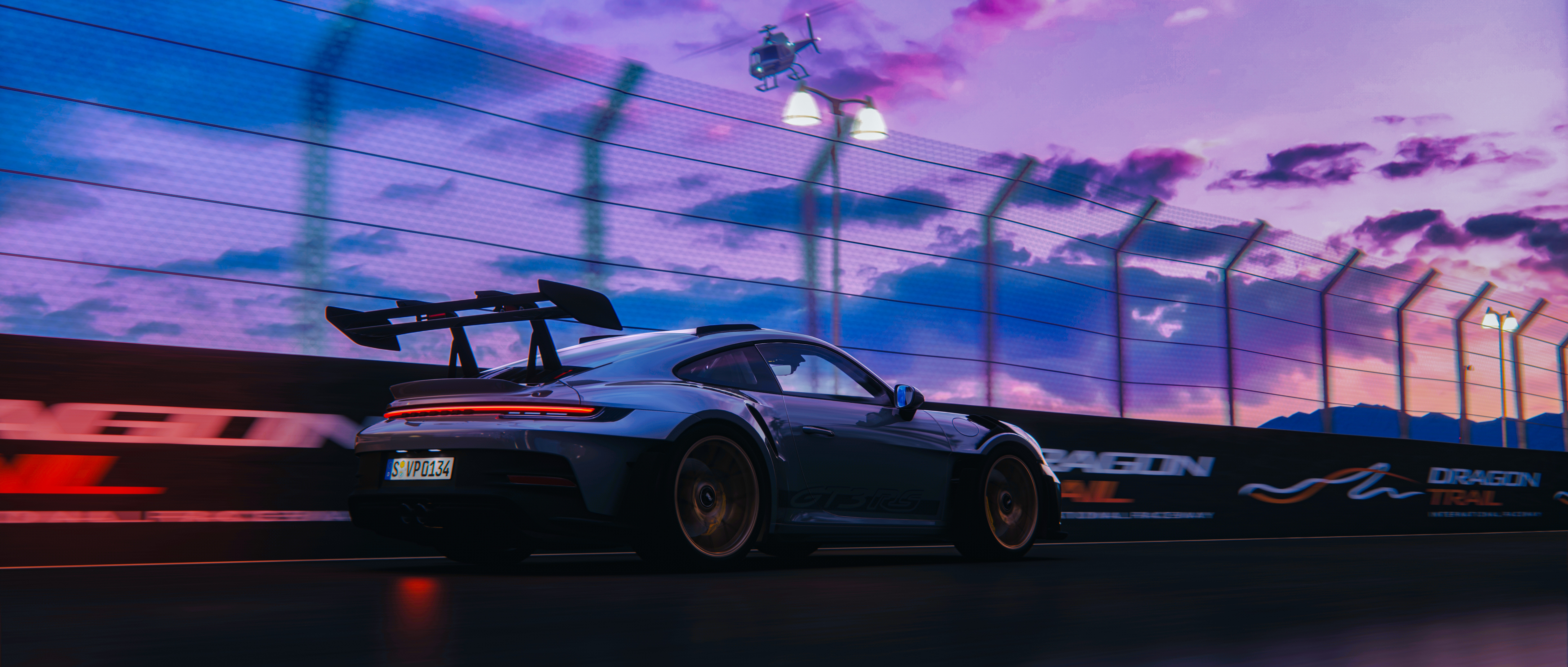 General 7680x3269 Assetto Corsa PC gaming car digital art fence Porsche 911 gt3rs clouds rear view taillights vehicle motion blur sunset sunset glow driving licence plates video game art helicopters video games race tracks