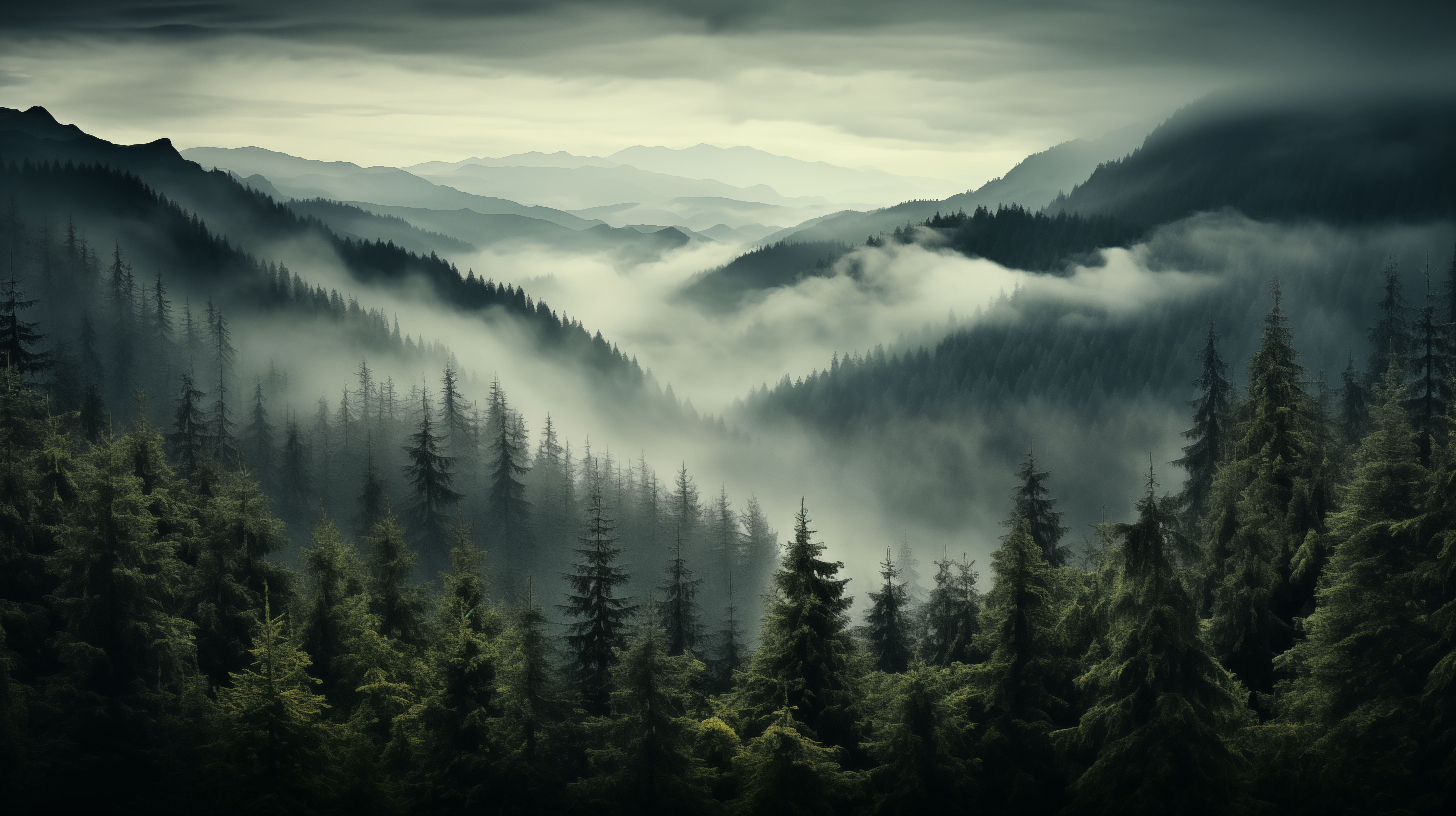 General 5824x3264 AI art mist forest landscape hills sky green trees nature digital art clouds