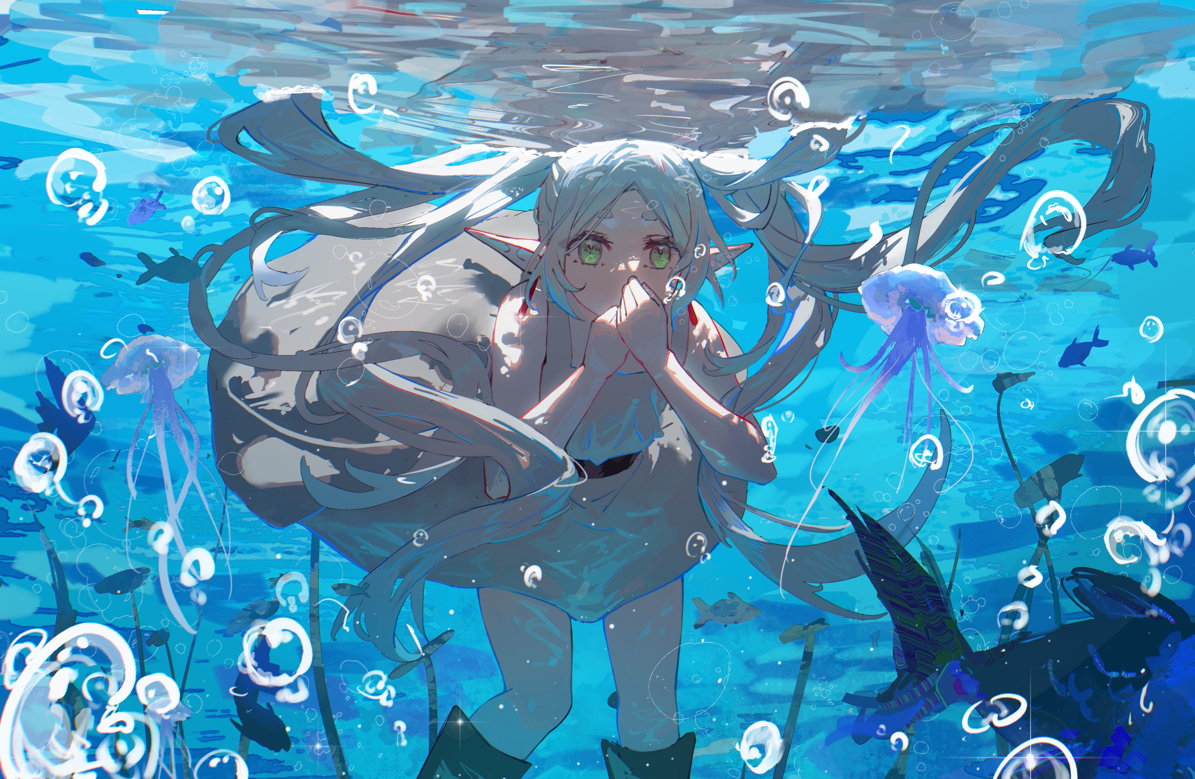 Anime 3977x2591 anime anime girls Sousou No Frieren Frieren underwater pointy ears looking at viewer long hair bubbles jellyfish water holding breath covering mouth white hair green eyes bare shoulders in water twintails fish animals stars dress