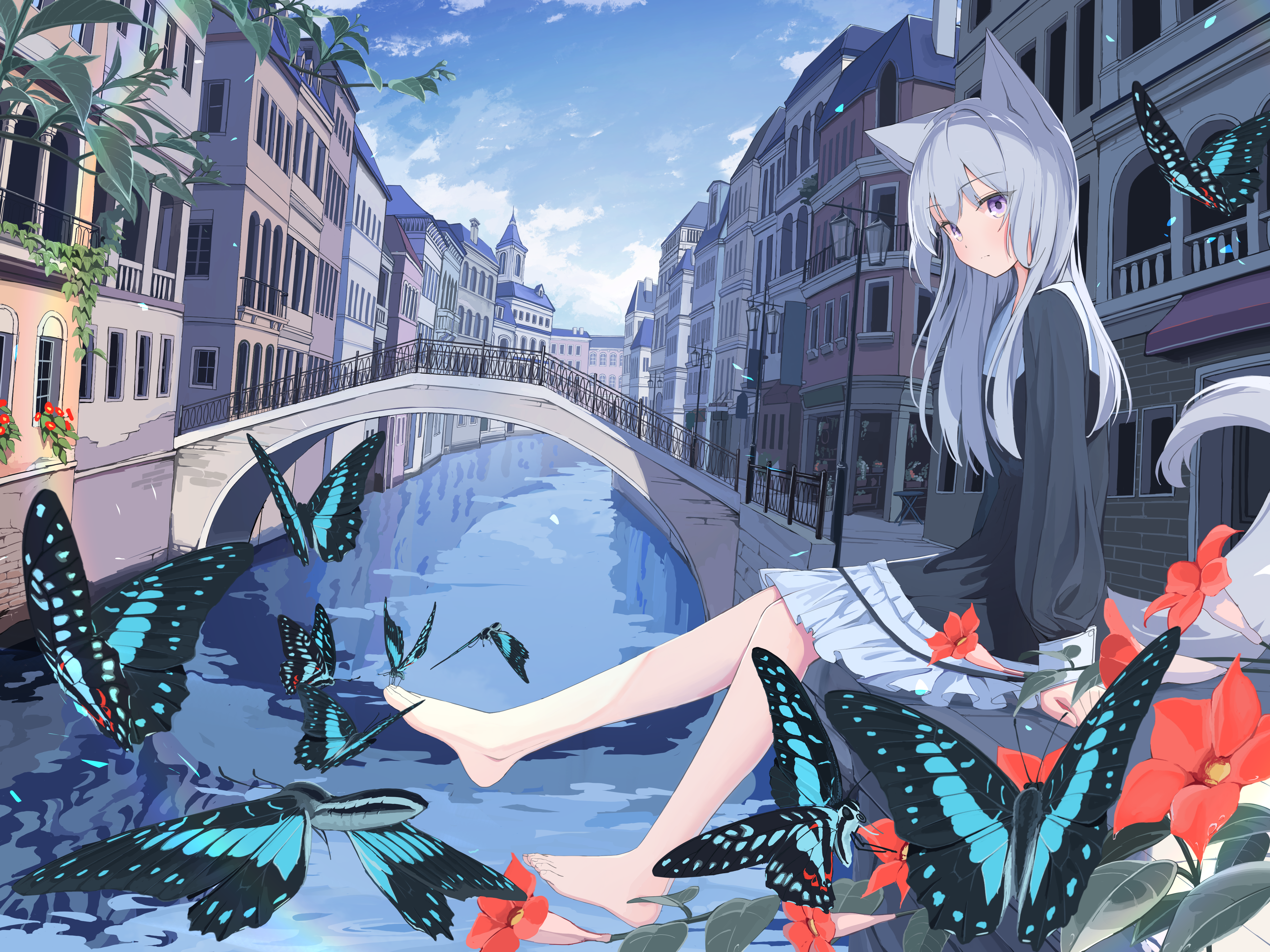 Anime 4800x3600 anime anime girls butterfly mikisai building looking at viewer barefoot bridge sky insect sitting leaves plants clouds dress flowers reflection water fox girl handrail fox ears fox tail street light closed mouth frills gray hair purple eyes