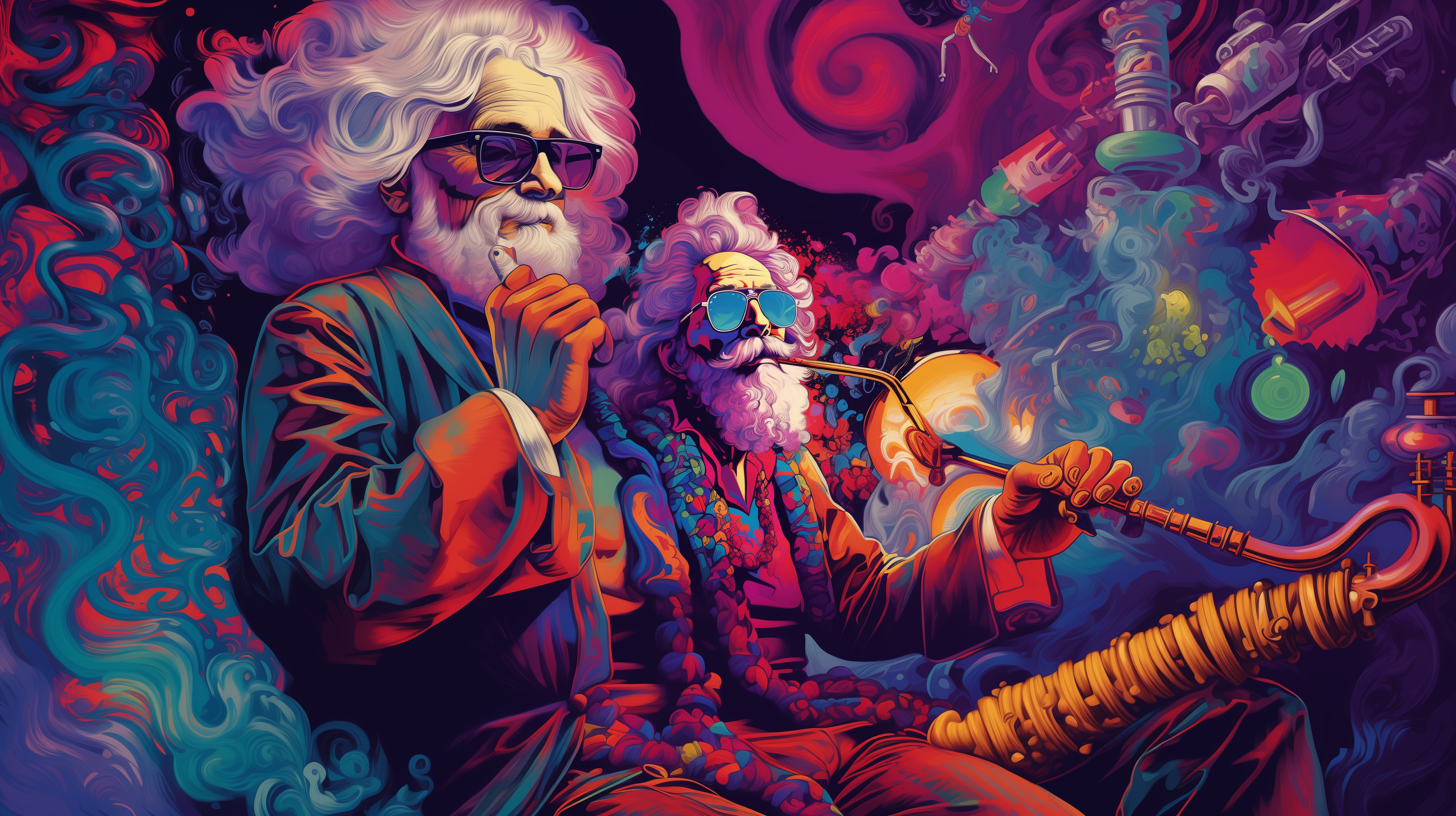 General 2912x1632 AI art smoking smoking pipe old people hippie  colorful psychedelic sitting digital art beard moustache sunglasses white hair