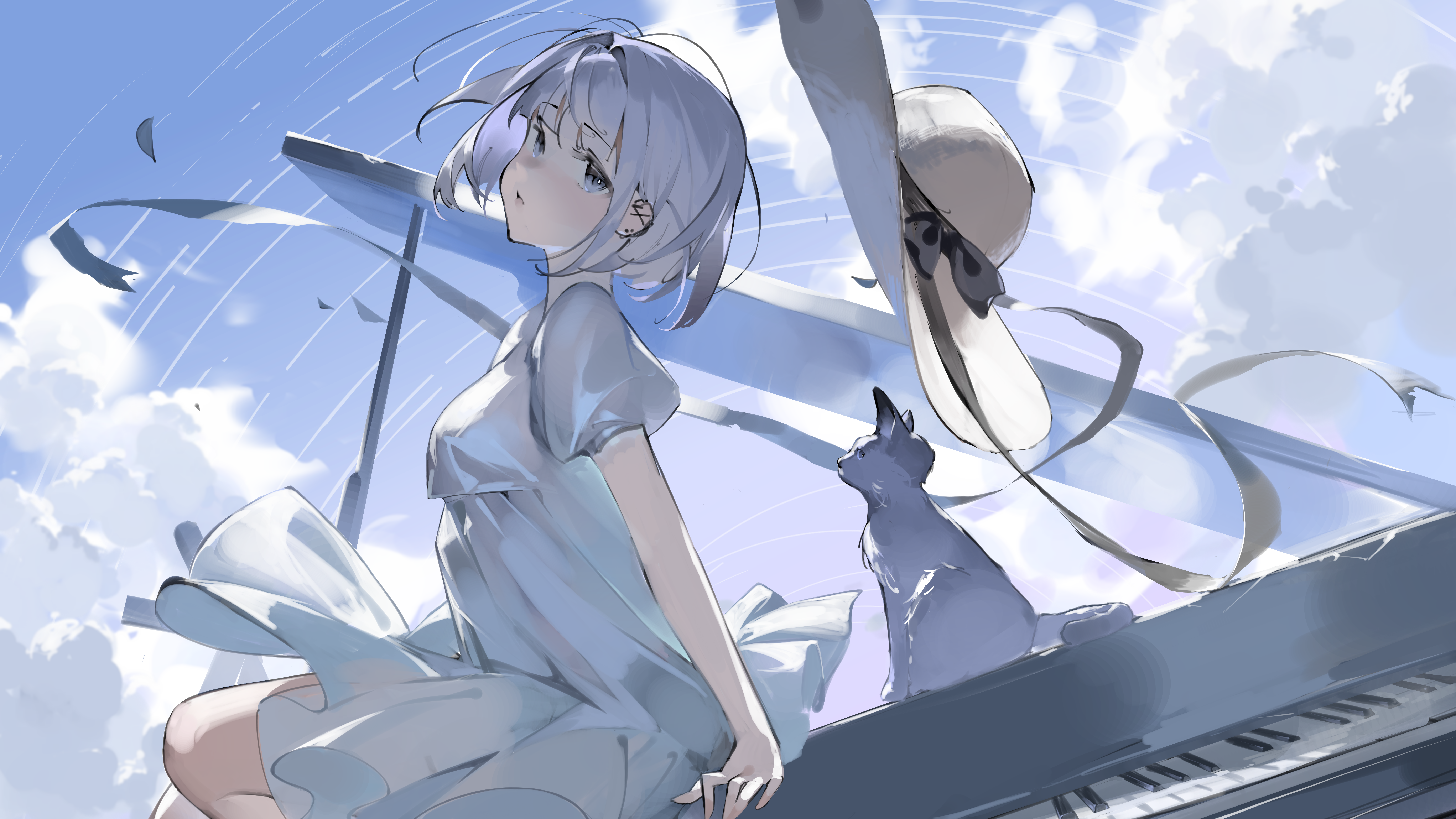 Anime 7000x3938 anime anime girls piano cats hat musical instrument sky animals wind dress looking at viewer short hair white hair blue eyes sun hats sitting clouds windy
