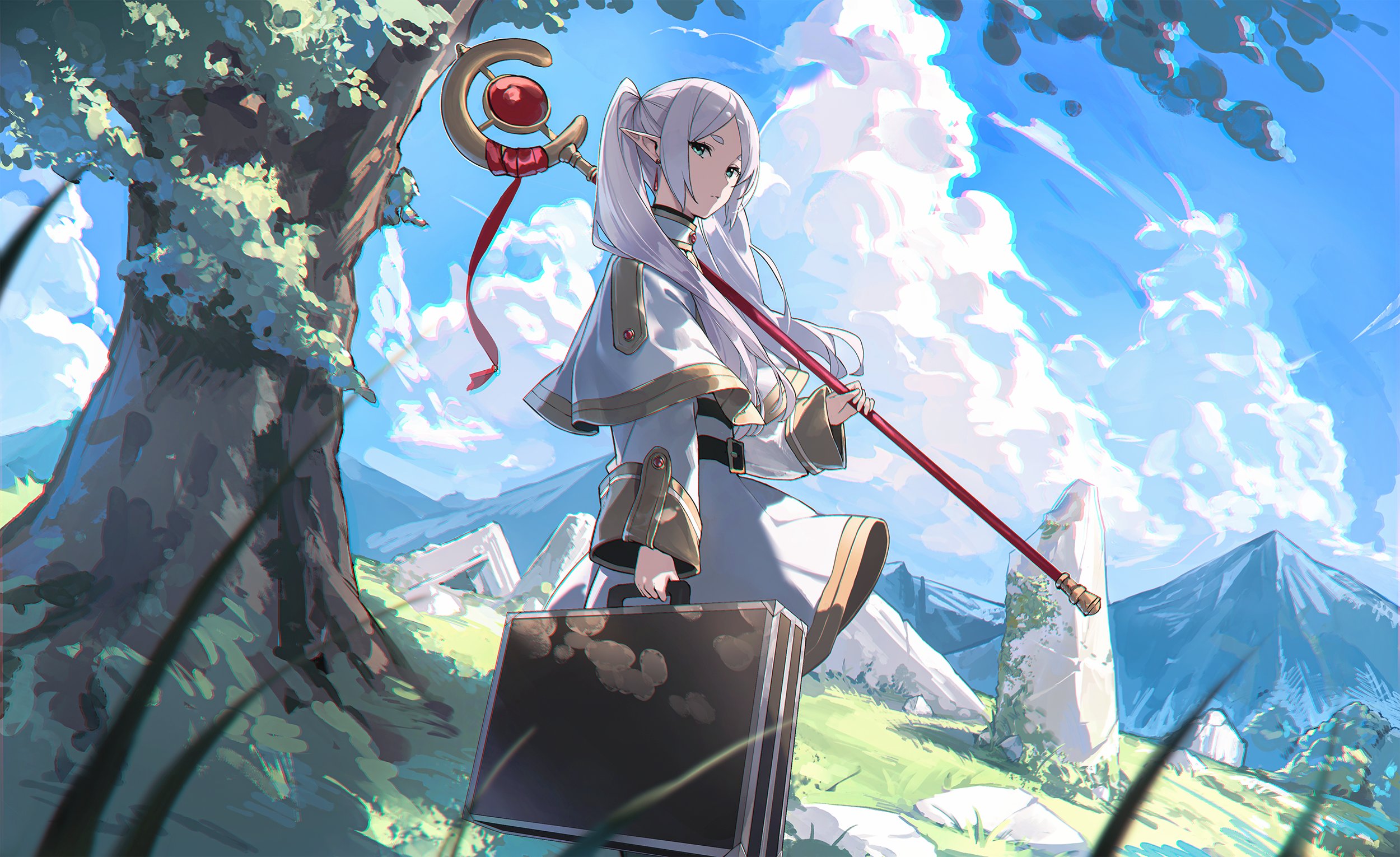 Anime 2500x1530 Sousou No Frieren clouds looking at viewer staff Frieren elves women outdoors suitcase closed mouth long sleeves capelet pointy ears white hair long hair twintails Yohaku green eyes rocks grass trees cumulus looking back sky hills mountains
