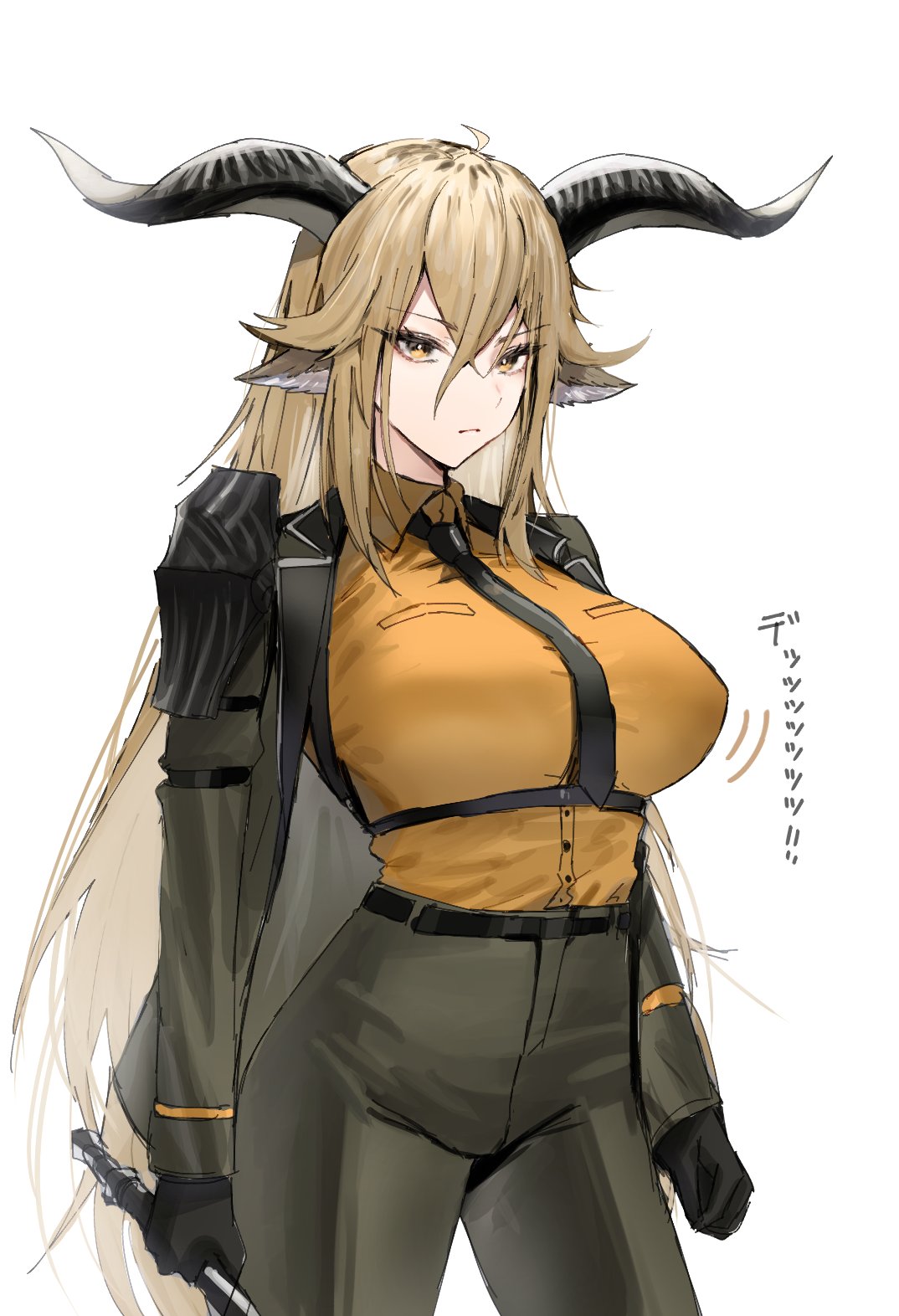 Anime 1074x1572 video game girls Arknights portrait display looking at viewer horns Degenbrecher (Arknights) simple background blonde white background standing long hair minimalism closed mouth black belt animal ears open jacket gloves hair in face yellow eyes orange shirts Japanese necktie big boobs open clothes
