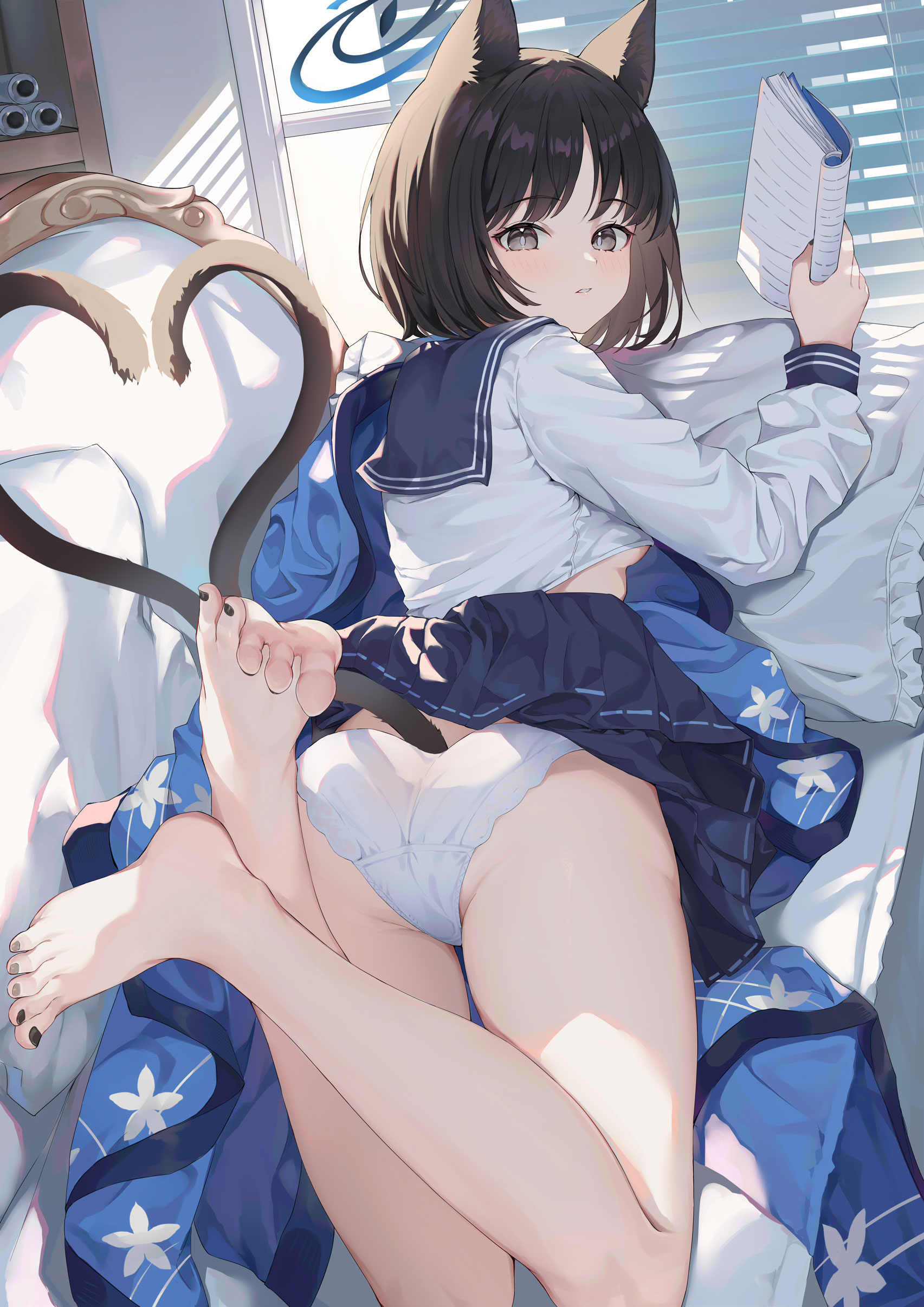 Anime 1705x2412 anime anime girls Blue Archive Kiryuu Kikyou feet ass panties portrait display blinds looking away short hair looking at viewer cat girl indoors women indoors schoolgirl school uniform blushing cat ears cat tail heart skirt feet in the air frills lying down lying on front parted lips sunlight pillow feet crossed