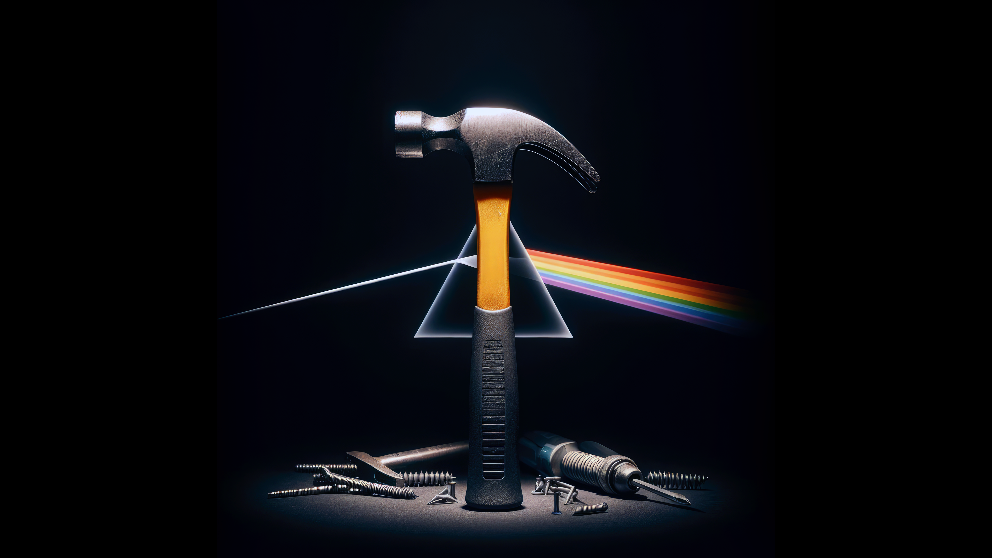 General 3840x2160 Pink Floyd music hammer screwdriver simple background AI art black background colorful digital art pyramid screws  minimalism