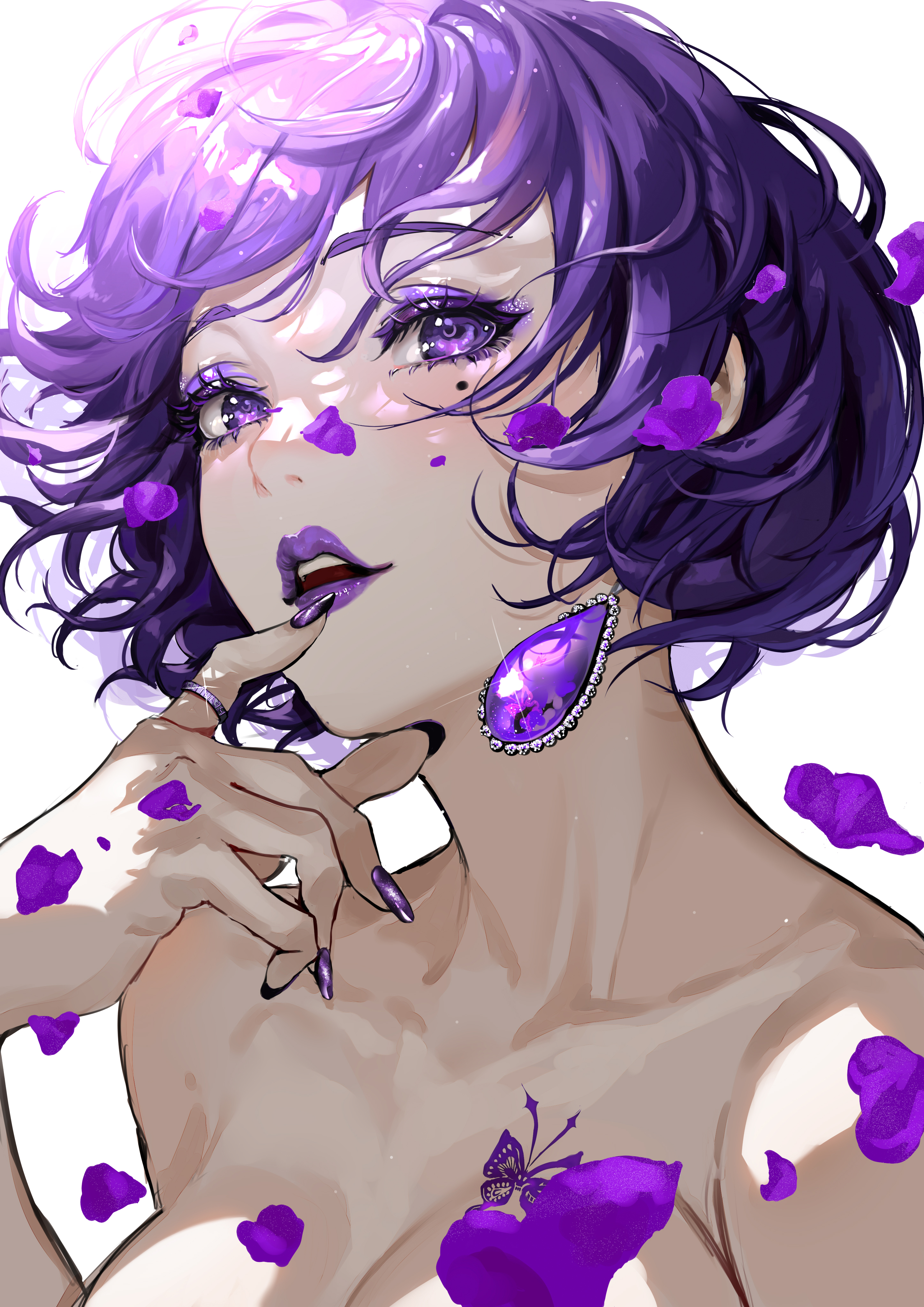 Anime 2894x4093 Aoi Sakura purple hair portrait display short hair anime girls big boobs simple background nude white background makeup looking at viewer butterfly mole under eye earring purple nails nail polish bare shoulders topless finger on lips purple eyes tattoo large earrings blushing messy hair parted lips closeup petals wavy hair