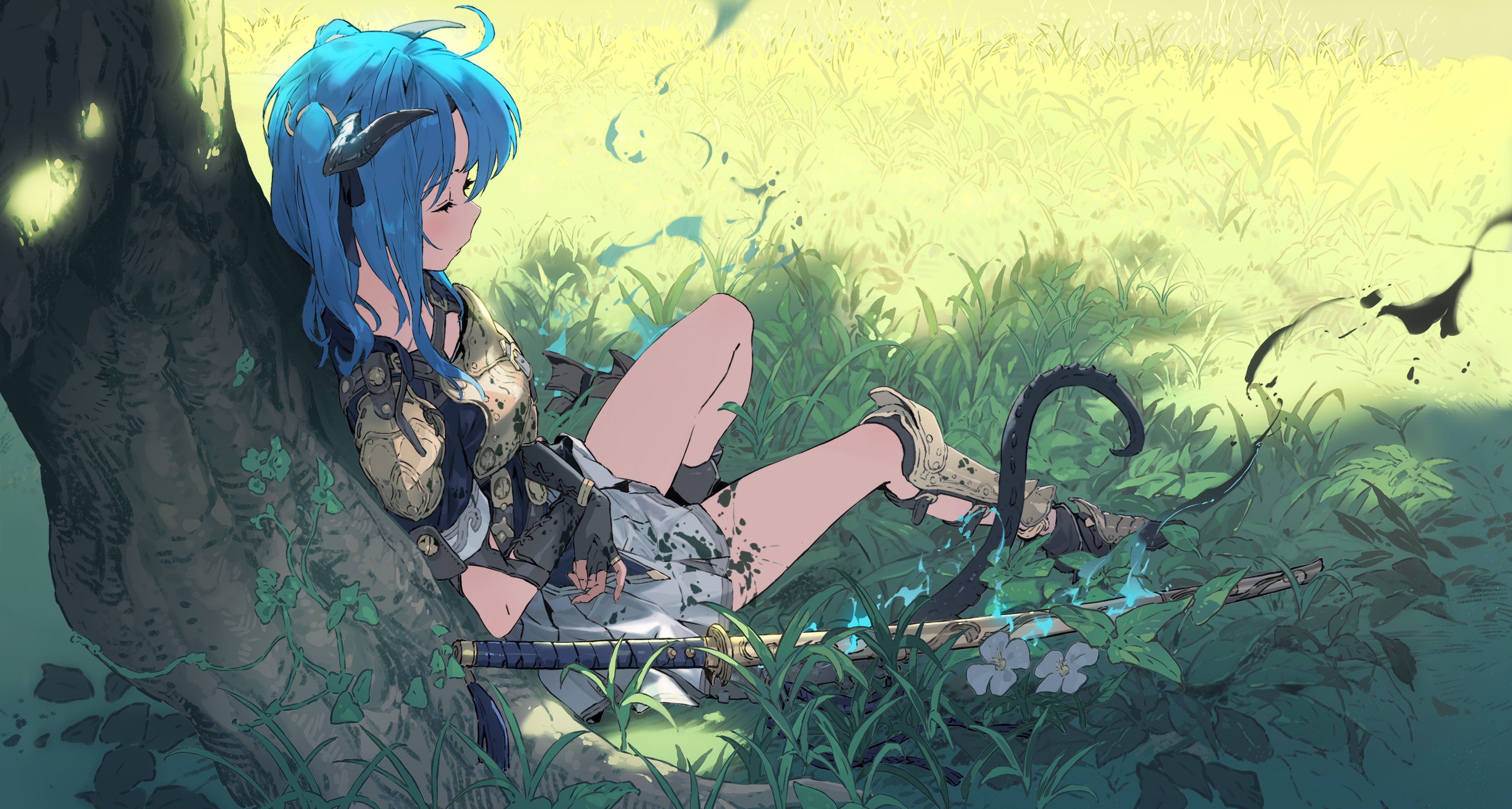 Anime 3736x2000 anime girls girl in armor blue eyes trees closed eyes leaves fingerless gloves grass weapon Breastplate blue flames vines horns ink katana fire twintails sitting outdoors women outdoors Hirooka Masaki tentacles armor sunlight ground sleeping flowers gloves anime
