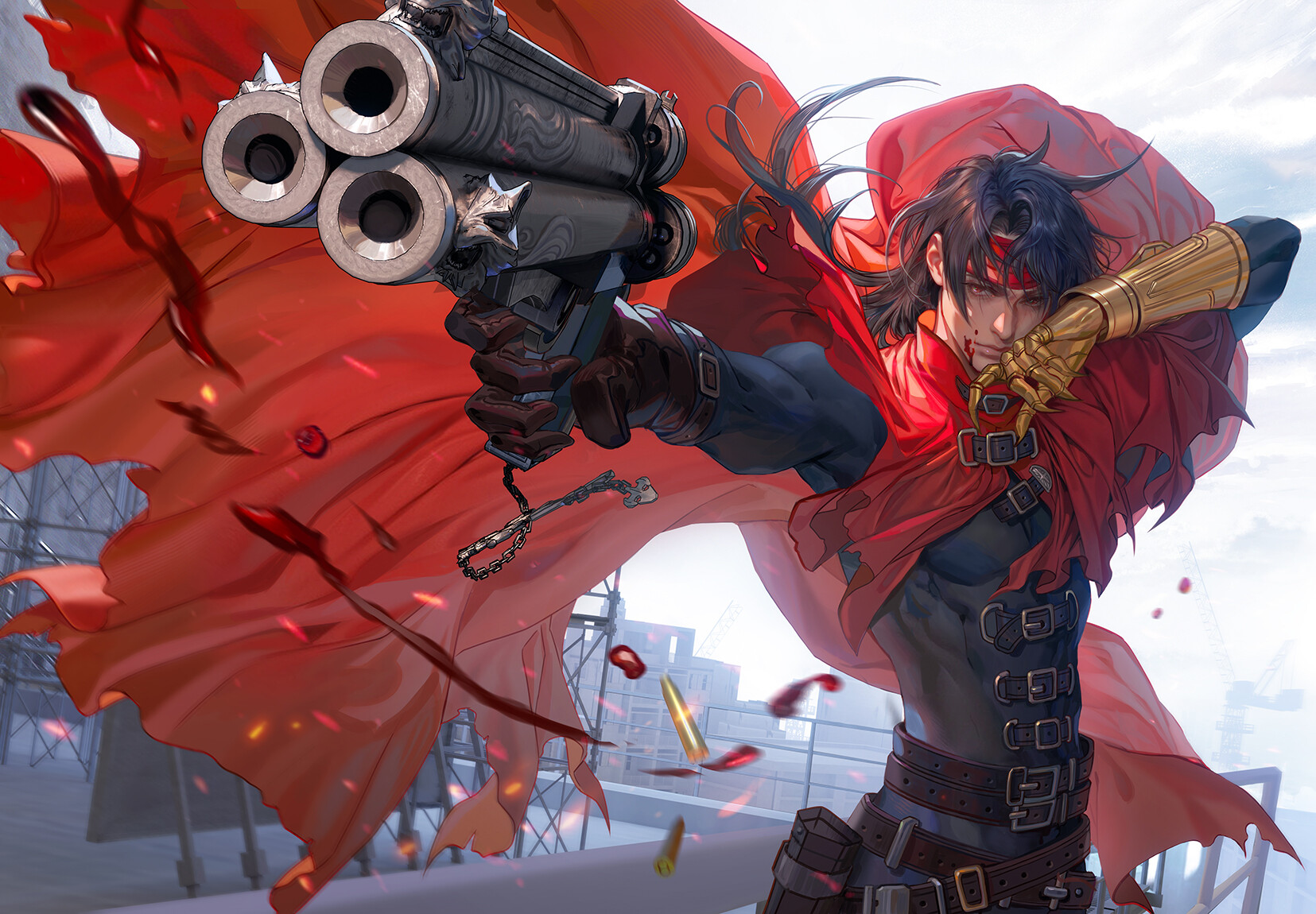 General 1655x1150 Fan Yang drawing gun Vincent Valentine shooting Final Fantasy Final Fantasy VII: Remake Final Fantasy VII: Rebirth Final Fantasy VII cape boys with guns wind hair blowing in the wind sky blood aiming closed mouth headband ammunition long hair