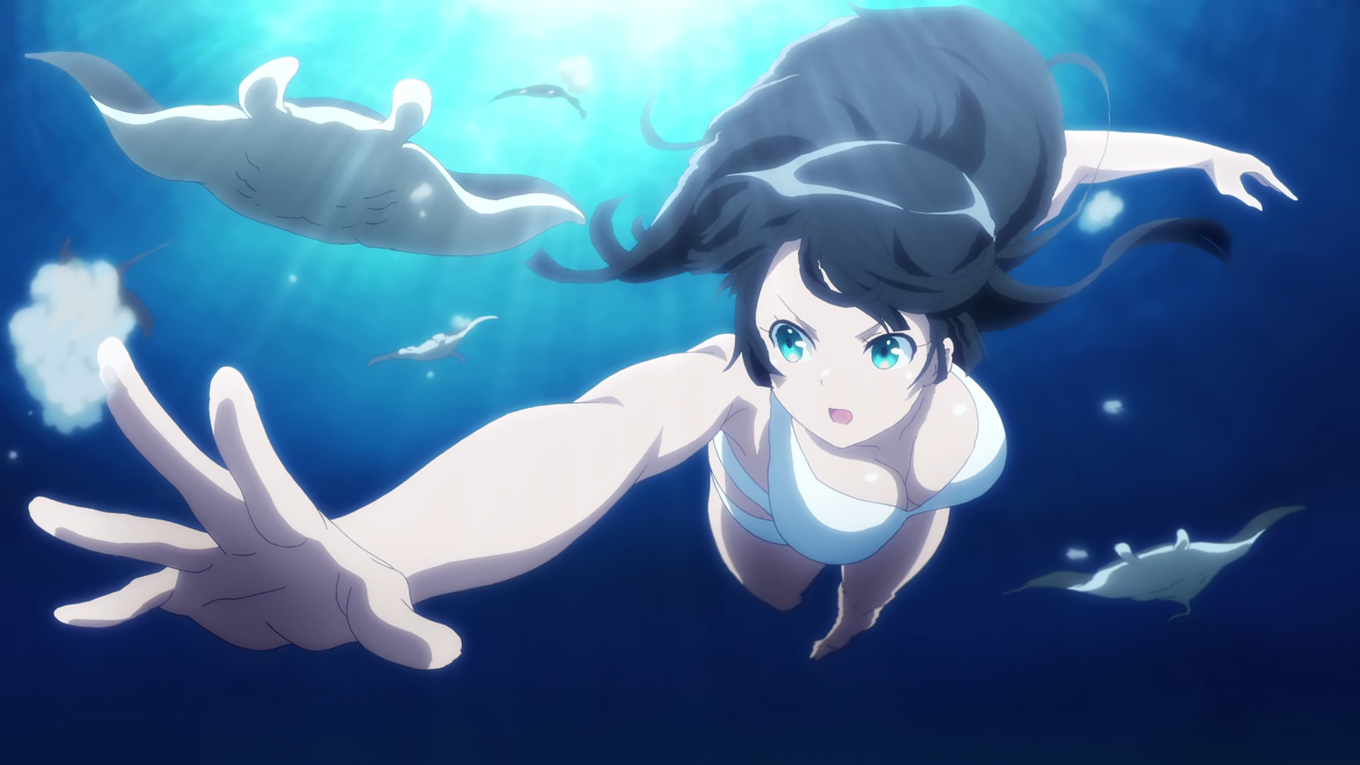 blue eyes, cleavage, open mouth, underwater, anime girls, bikini, white  bra, Dumbbell Nan Kilo Moteru?, manta rays, black hair, Soryuin Akemi, Anime  screenshot, anime, in water, water, sunlight, swimming | 1920x1080  Wallpaper -