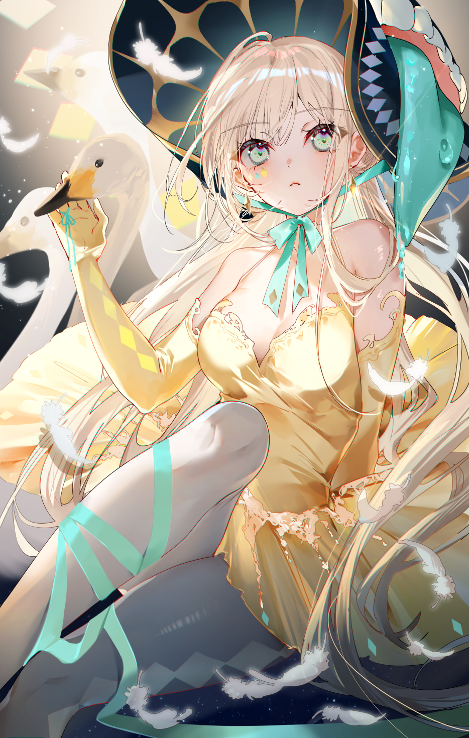 Anime 934x1470 anime anime girls portrait display blonde looking at viewer blue eyes closed mouth animals beak bare shoulders collarbone elbow gloves gloves dress swans miwano ragu earring feathers golden dress long hair bent legs hat women with hats ribbon blue ribbons
