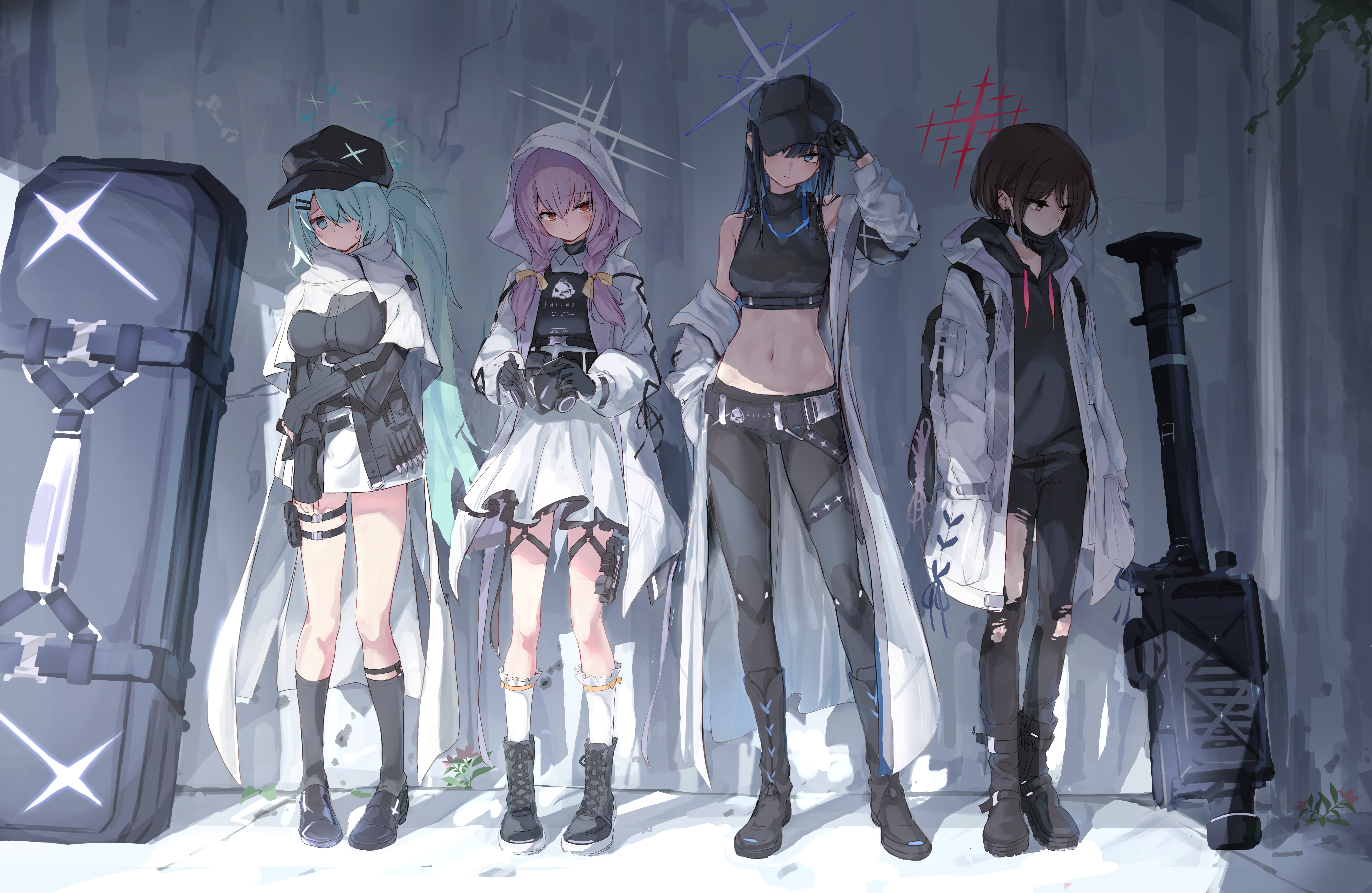 Anime 5876x3825 anime anime girls Blue Archive standing hair over one eye hat Hakari Atsuko (Blue Archive) Hiyori (Blue Archive) wall Imashino Misaki (Blue Archive) Saori Joumae by the wall hair between eyes boots long hair black gloves jacket socks hoods Toshizou leg ring off shoulder bare shoulders hair ornament face mask looking at viewer twintails bare midriff belly hands in pockets scarf sweatdrop hair ribbon short hair white socks black socks  torn jeans