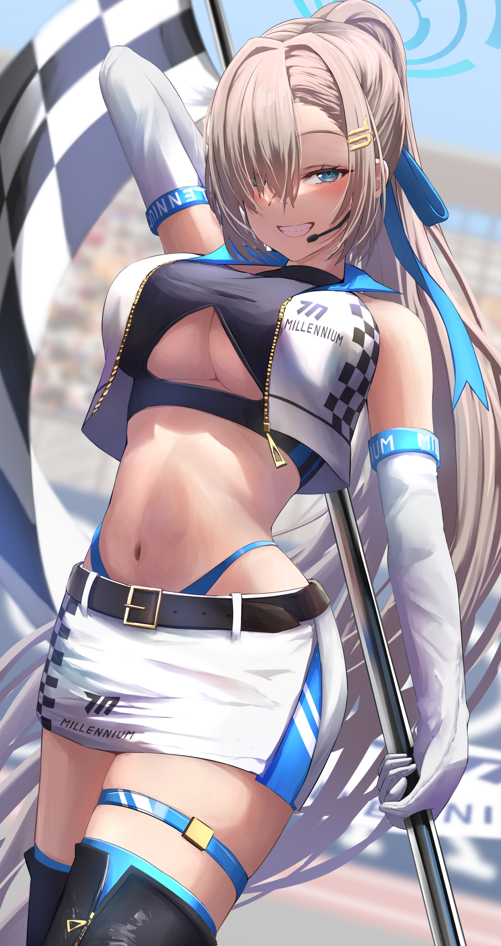 Anime 1017x1920 anime anime girls Blue Archive ponytail Asuna Ichinose flag gloves elbow gloves hair over one eye blue eyes thigh-highs thigh strap belly belly button smiling Race Queen Outfit silver bullet microphone portrait display blushing race flag looking at viewer long hair big boobs blonde bare shoulders straps thighs zipper checkered