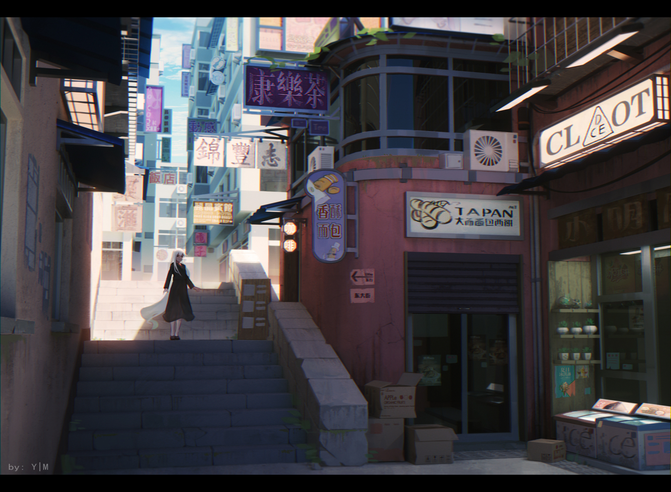 Anime 2138x1567 city stairs signs building kanji Y|M sunlight anime girls standing long skirt outdoors women outdoors store front cardboard box Japanese sky clouds arrow (design) white hair long hair