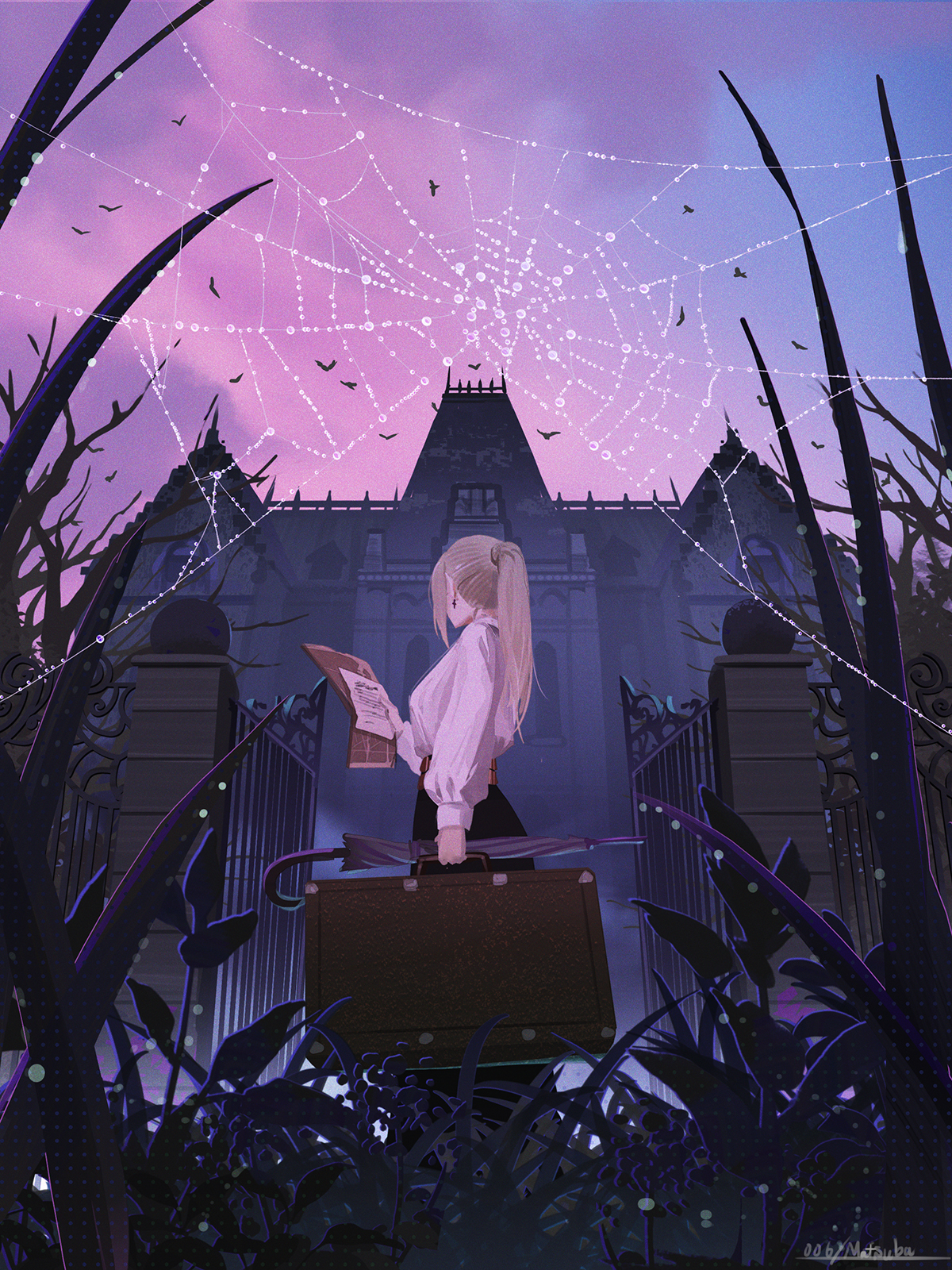 Anime 1200x1600 anime solo creepy suitcase white shirt blonde long hair ponytail holding paper looking away umbrella cross earring crow mansions black dress spiderwebs Matsuba10 anime girls portrait display signature luggage sky paper animals leaves standing birds