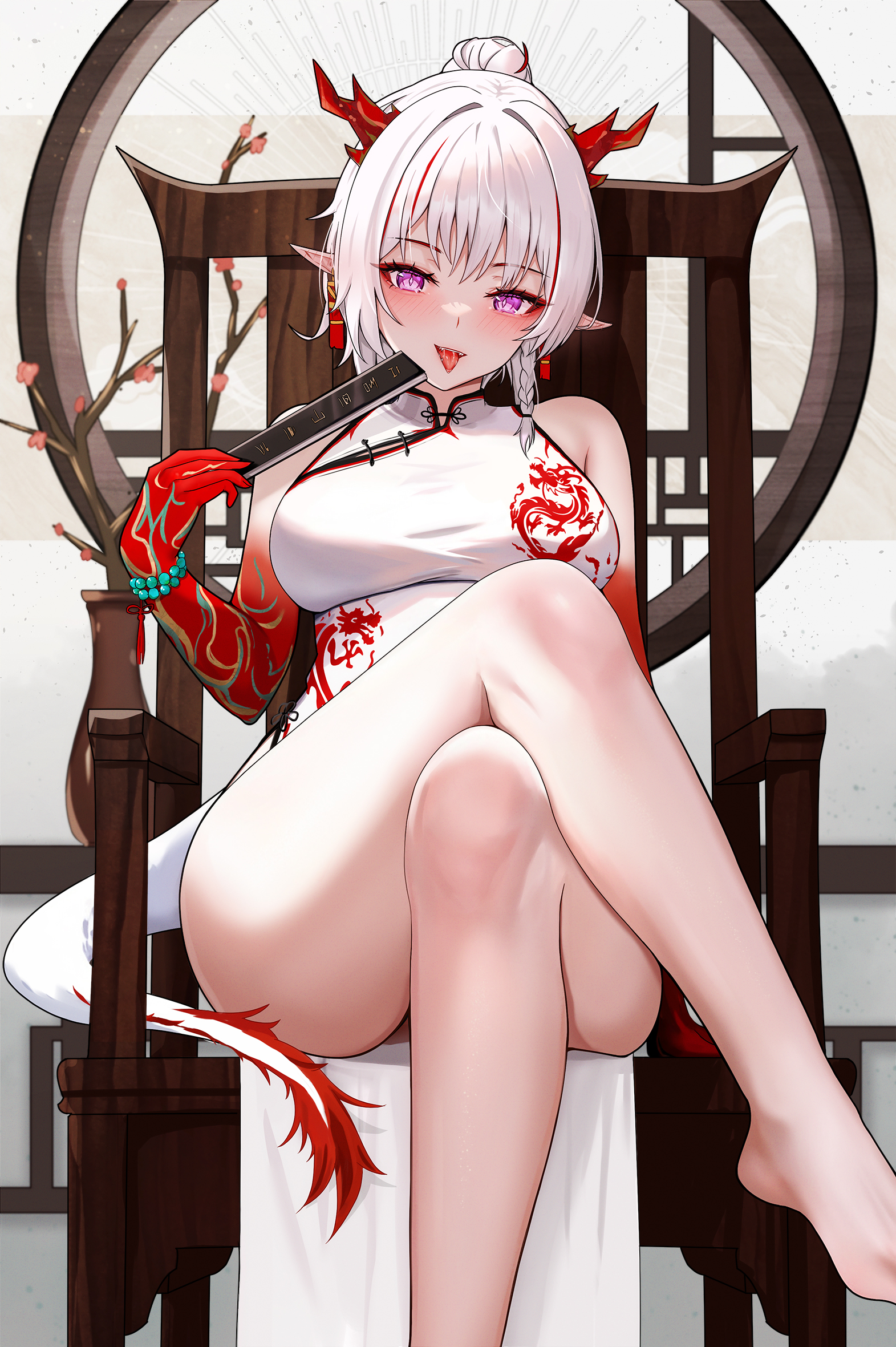 Anime 1571x2361 Nian(Arknights) Arknights portrait display anime girls Chinese dress legs crossed dragon girl tongue out two tone hair purple eyes barefoot Chinese clothing sitting looking at viewer white hair gradient skin dragon tail bare shoulders sitting on chair blushing head tilt dragon horns big boobs open mouth tongues pointy ears Floralmi cheongsam fangs thighs fans hair between eyes anime