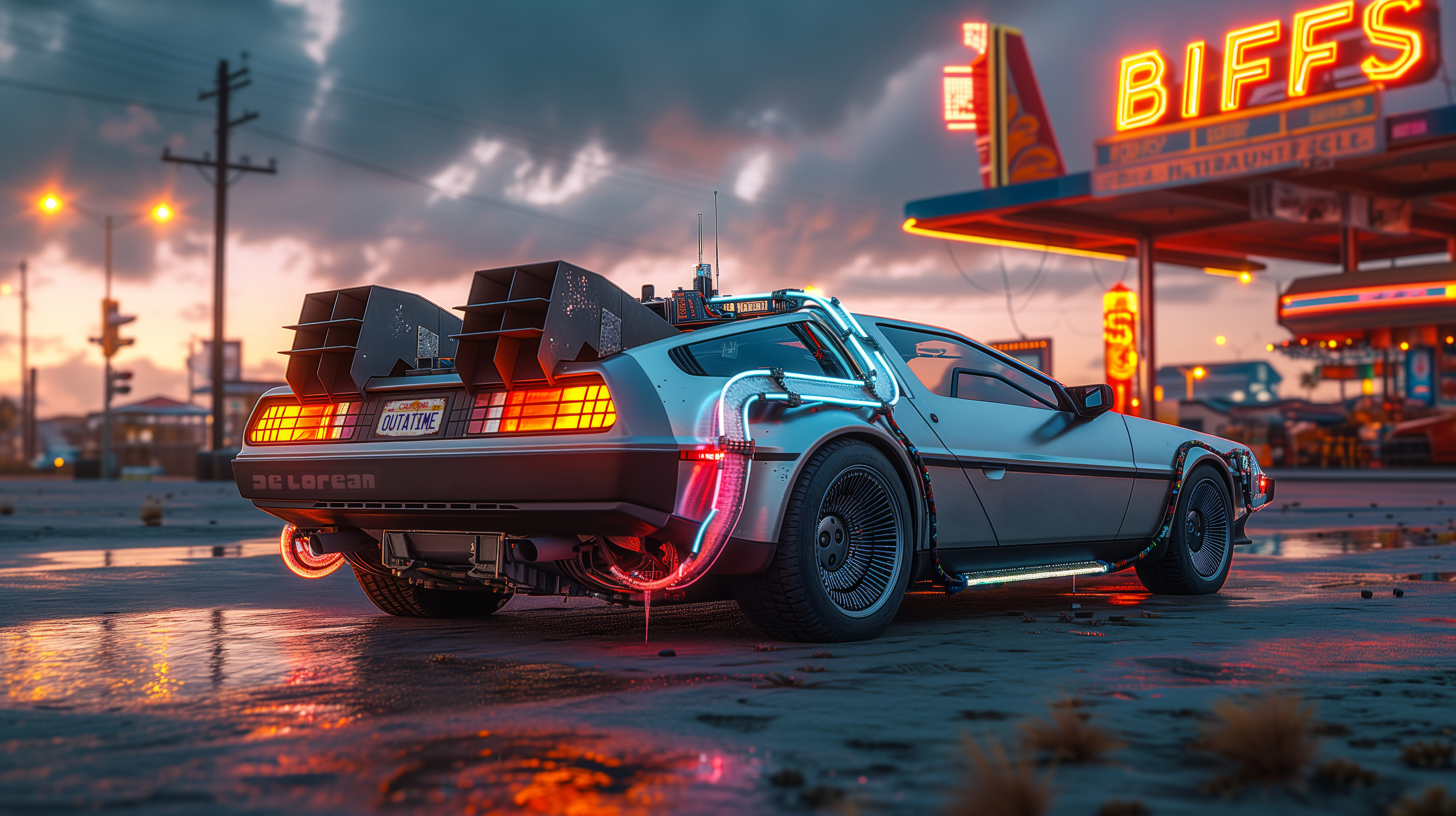 General 5824x3264 AI art Back to the Future Time Machine dusk neon rear view licence plates vehicle sky car clouds sign depth of field digital art power lines taillights DeLorean street light sunlight