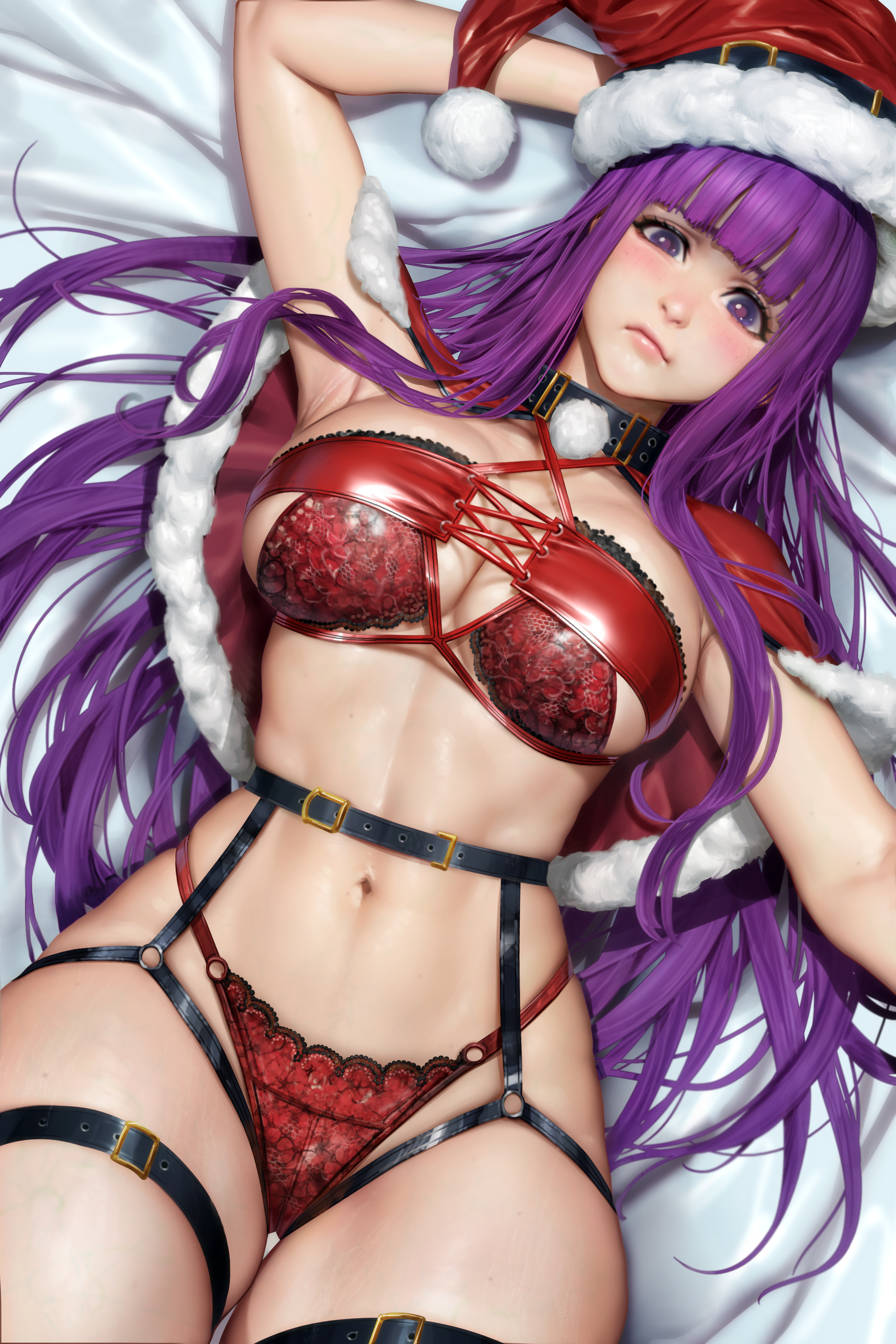 Anime 2400x3597 Fern (Sousou No Frieren) Sousou No Frieren anime Christmas clothes 2D artwork drawing fan art NeoArtCorE (artist) red lingerie lingerie frontal view high angle top view the gap thighs together boobs nipples one arm up armpits lying on back closed mouth anime girls hair spread out in bed looking at viewer bed portrait display blushing purple eyes purple hair