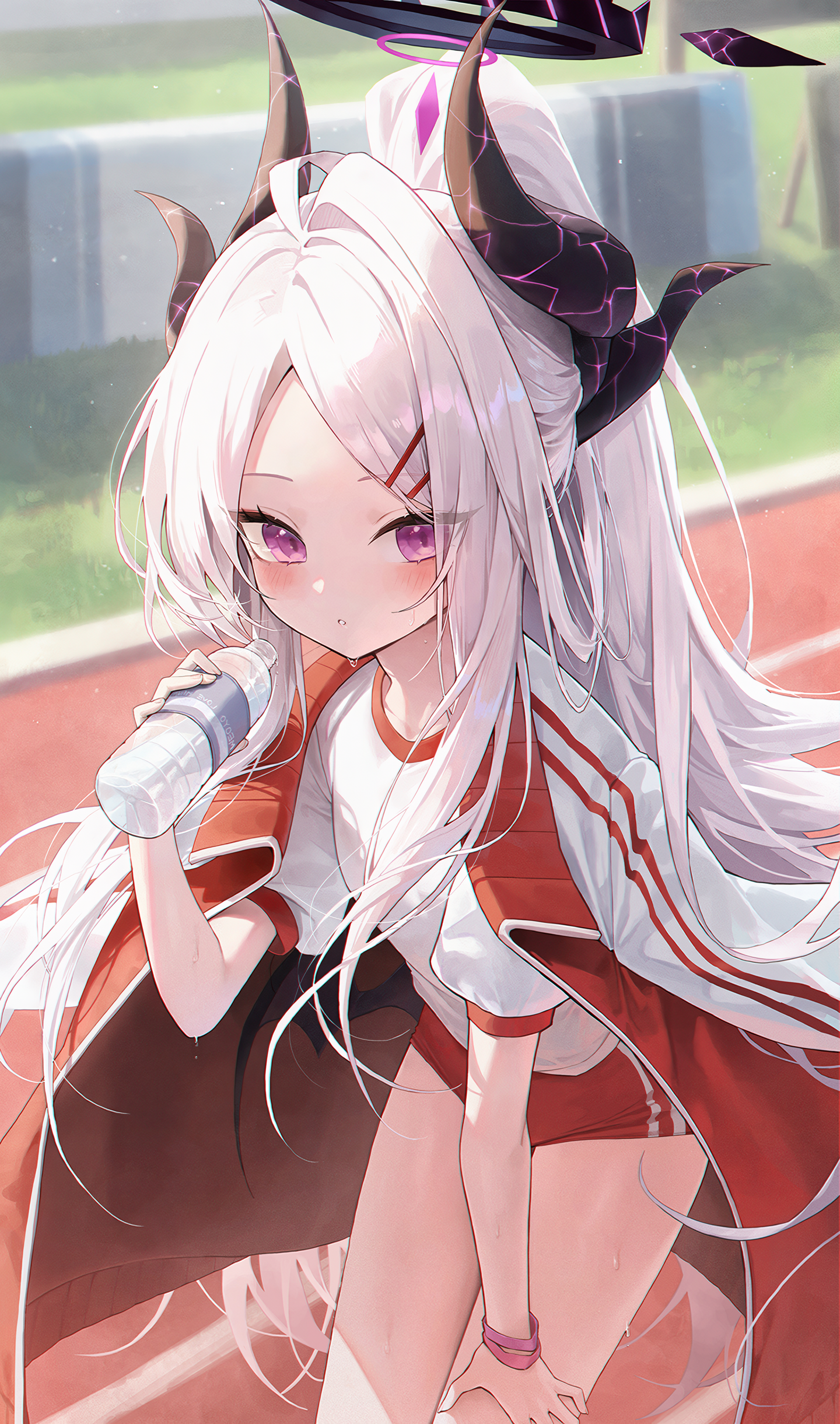 Anime 1440x2441 Sorasaki Hina (Blue Archive) portrait display long hair Blue Archive anime girls anime girl with wings purple eyes sportswear white hair anime games video game characters demon horns standing sports shorts water water bottle sunlight looking at viewer leaning hand on thigh short sleeves race tracks Meoyo horns wristband