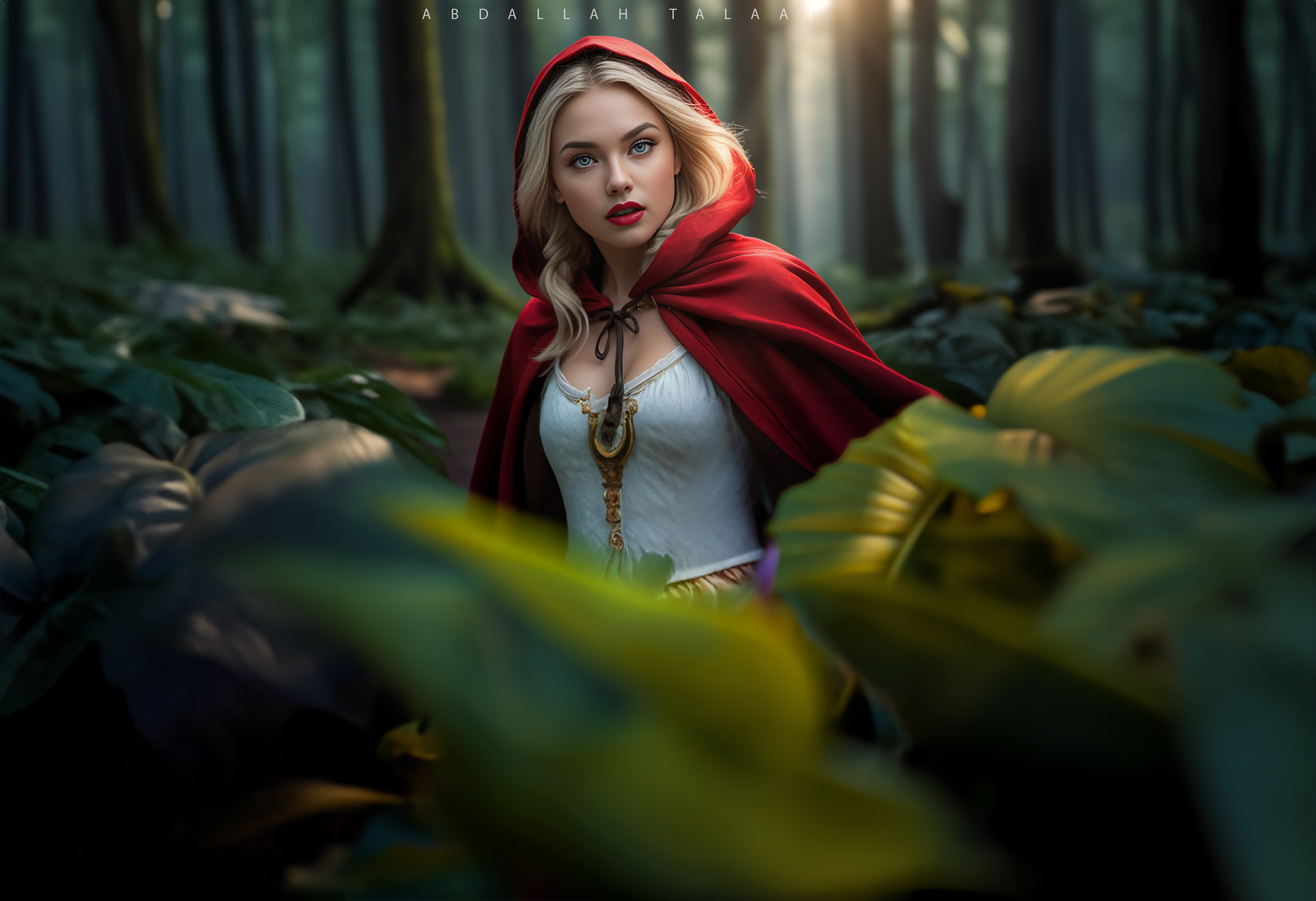 General 4681x3206 Little Red Riding Hood women red cape Abdallah Talaat AI art fantasy girl digital art outdoors women outdoors red lipstick lipstick parted lips blue eyes looking at viewer blonde trees teeth nature leaves
