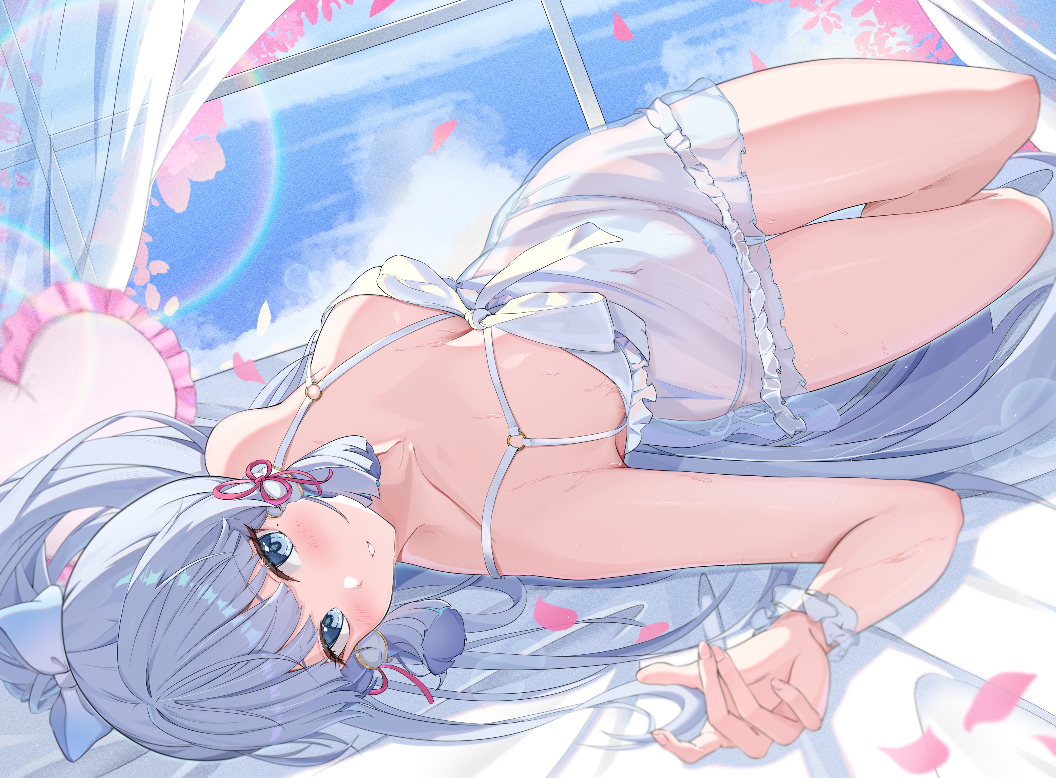 Anime 3500x2580 Genshin Impact blue hair Kamisato Ayaka (Genshin Impact) nightgown lying down light blue hair window see-through dress thighs big boobs pink flowers petals women indoors hair ornament flowers looking at viewer clouds mj (xmj0309) long hair cleavage mole under eye white panties underwear white underwear panties hair ribbon sweaty body white lingerie wristwear sleeveless blushing sky sweat in bed Heart Shaped Pillow moles anime anime girls