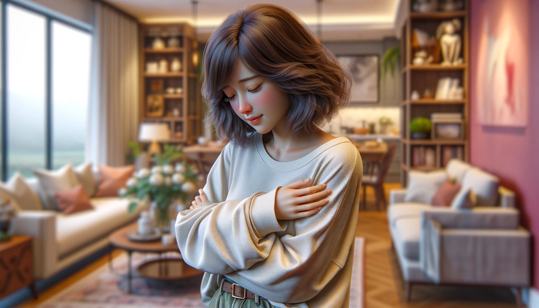 General 1792x1024 AI art living rooms women indoors indoors blurred blurry background short hair digital art makeup closed mouth parted lips long sleeves shoulder length hair lamp women flowers cup couch pillow Asian curtains sweatshirts table looking below bookshelves shelves