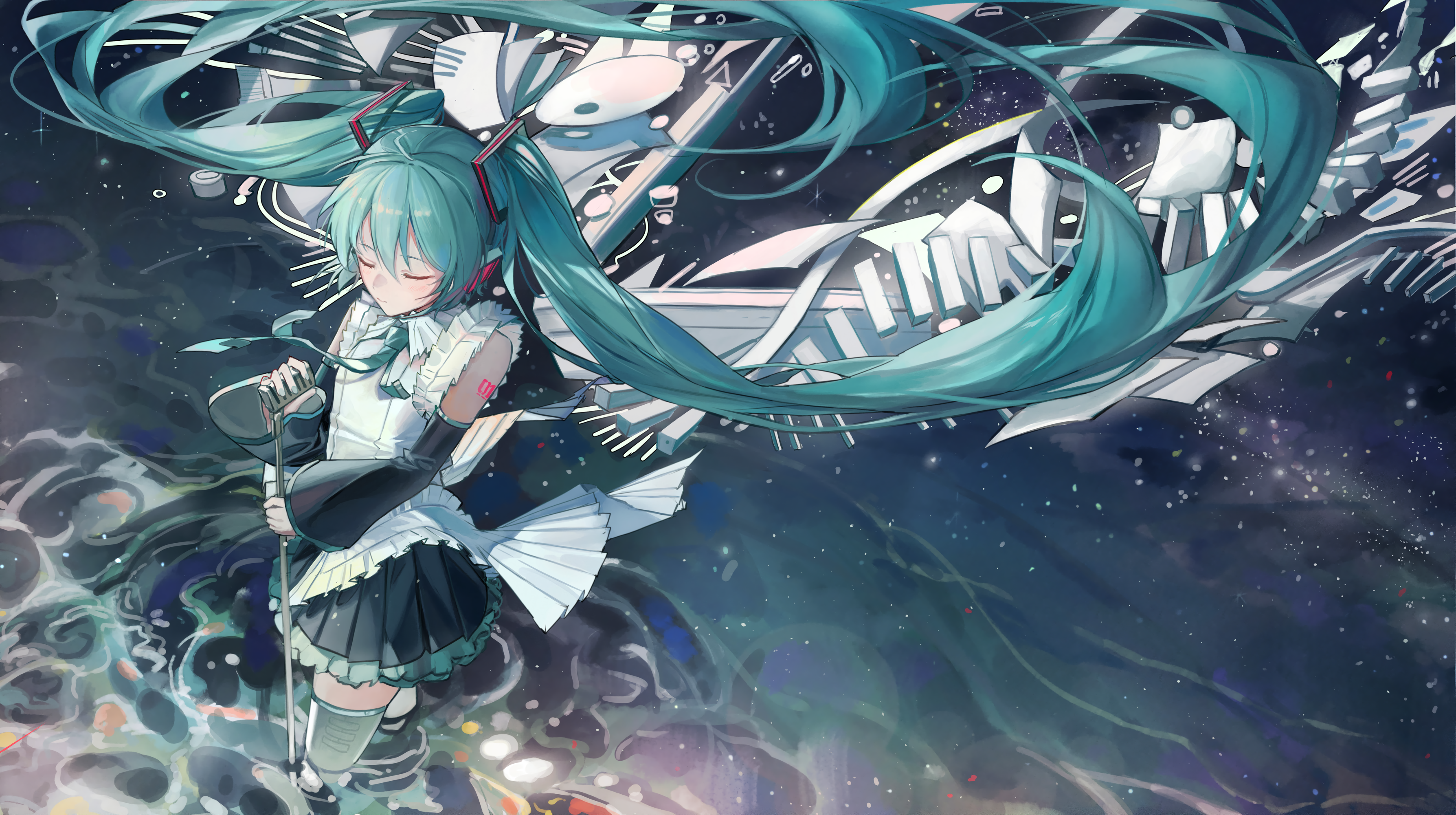 Anime 3575x2000 anime anime girls Hatsune Miku Vocaloid long hair closed eyes twintails microphone standing standing in water blue hair bare shoulders closed mouth water skirt frills tie hair ornament sidelocks detached sleeves dress
