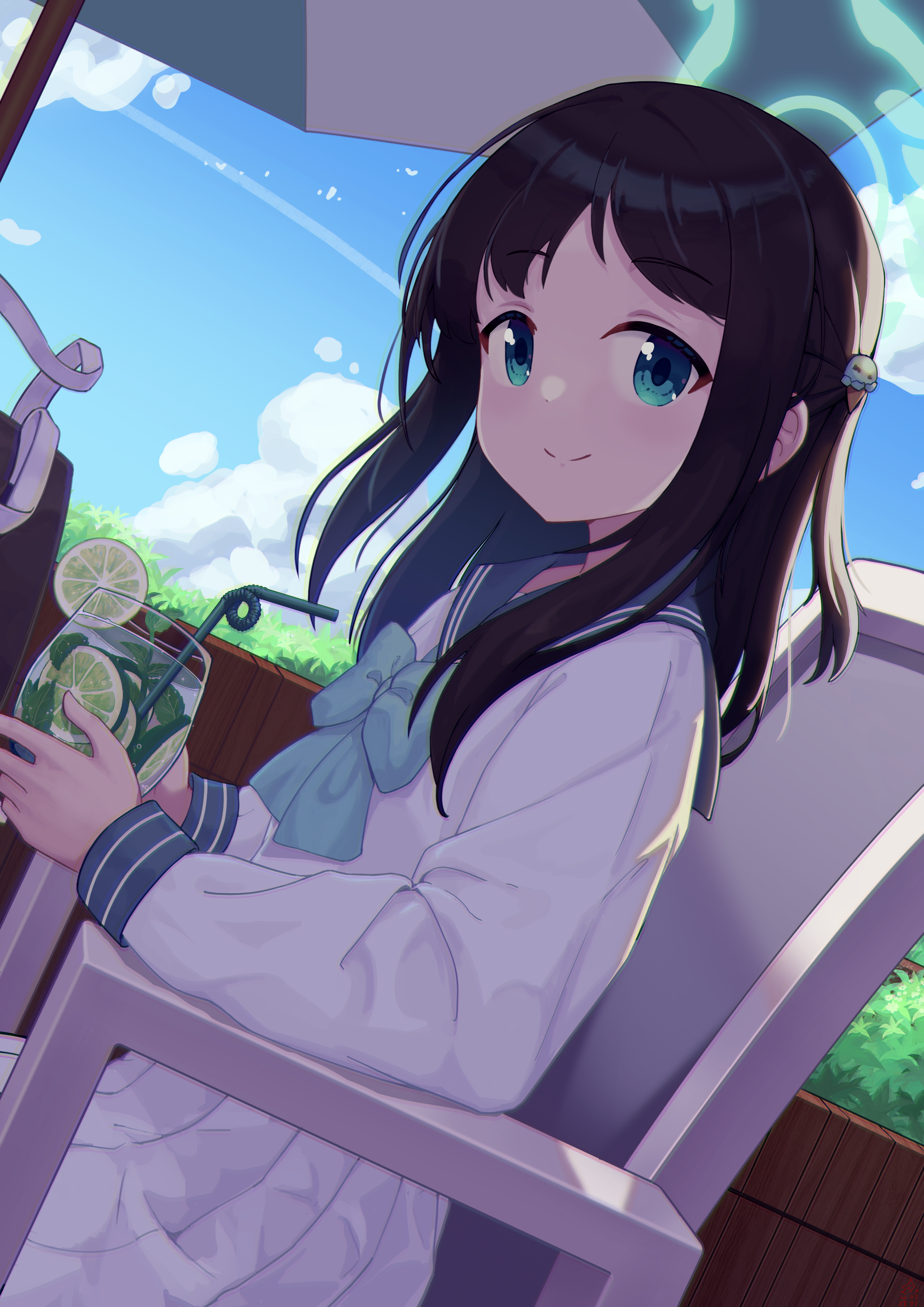 Anime 2894x4093 anime anime girls Blue Archive sitting Kurimura Airi (Blue Archive) Soulcore1999 closed mouth looking at viewer smiling outdoors women outdoors long hair bow tie sky clouds umbrella schoolgirl school uniform brunette blue eyes hair ornament drink drinking straw fruit drinking glass chair armchair shade