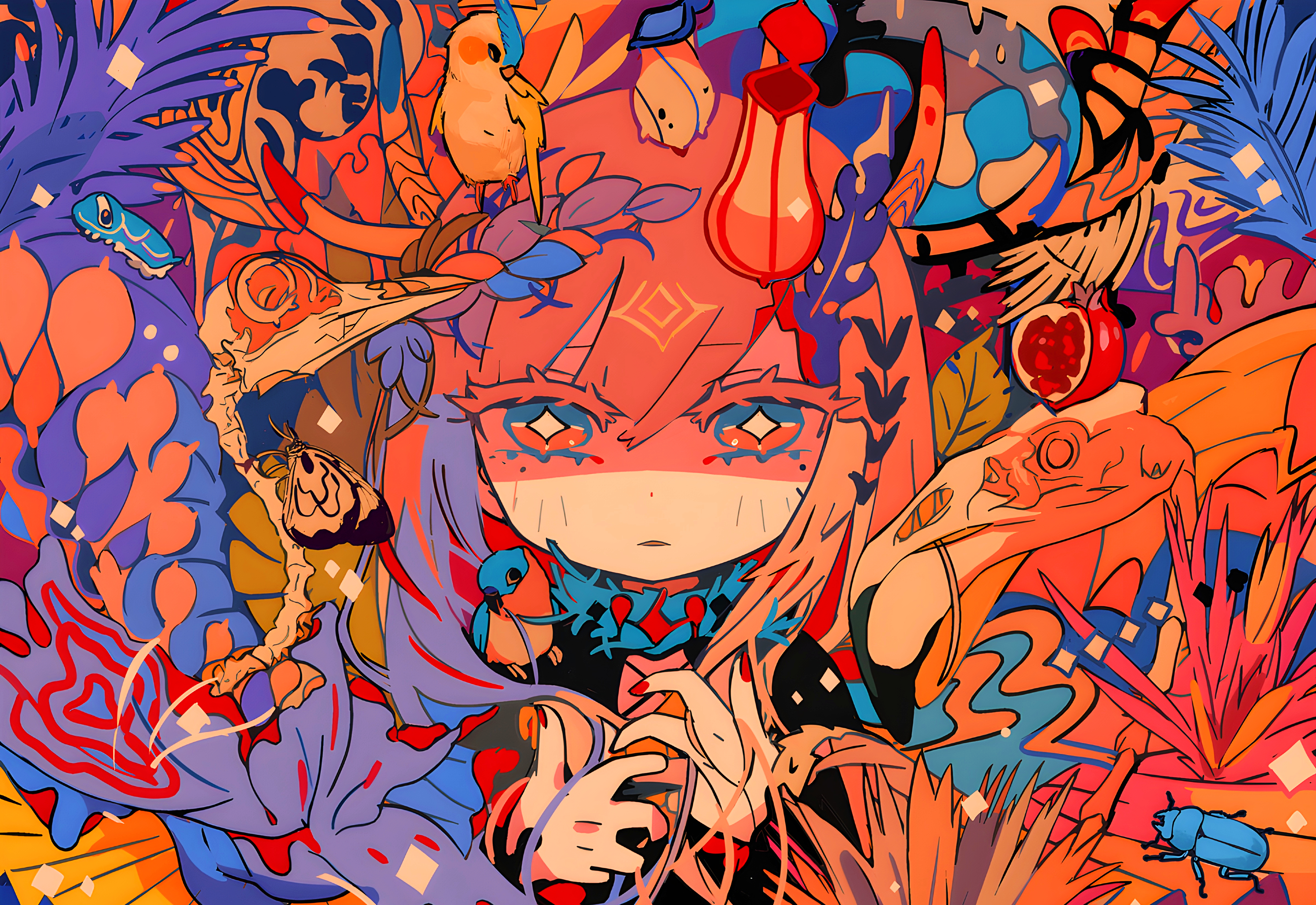 Anime 3840x2640 teracoot 4K illustration anime girls colorful birds fruit insect plants digital art