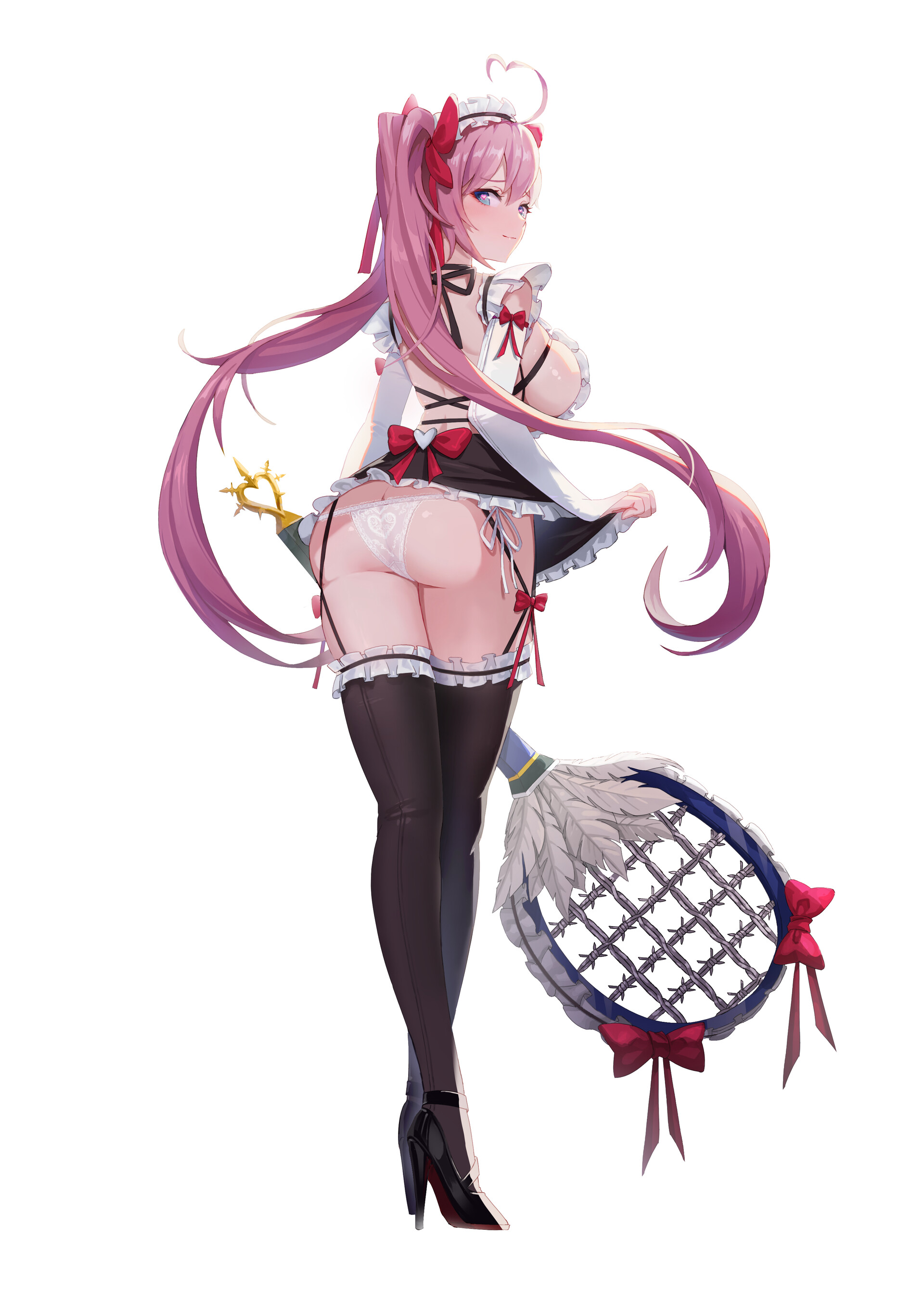 Anime 1920x2732 anime women anime girls white background simple background pink hair boobs big boobs ass rear view stockings black stockings maid maid outfit curvy upskirt panties twintails heart eyes lifting skirt