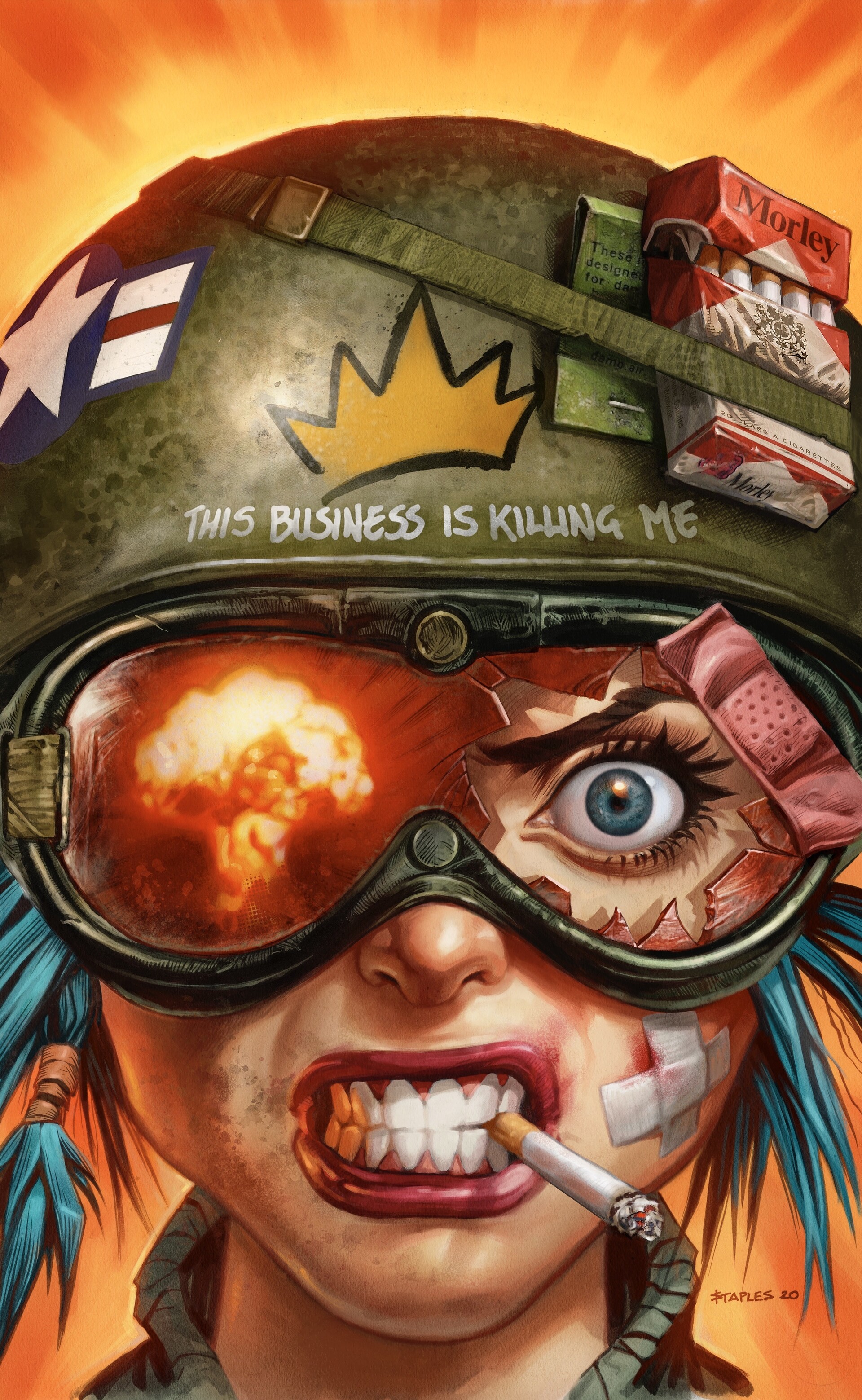 General 1920x3118 Tank Girl cover art digital art artwork illustration women soldier helmet smoking explosion blue hair cigarettes