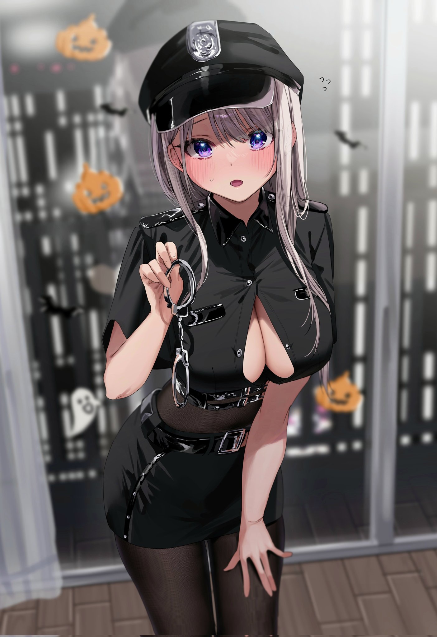 Anime 1404x2048 anime police costume cleavage hat purple eyes big boobs handcuffs stickers
