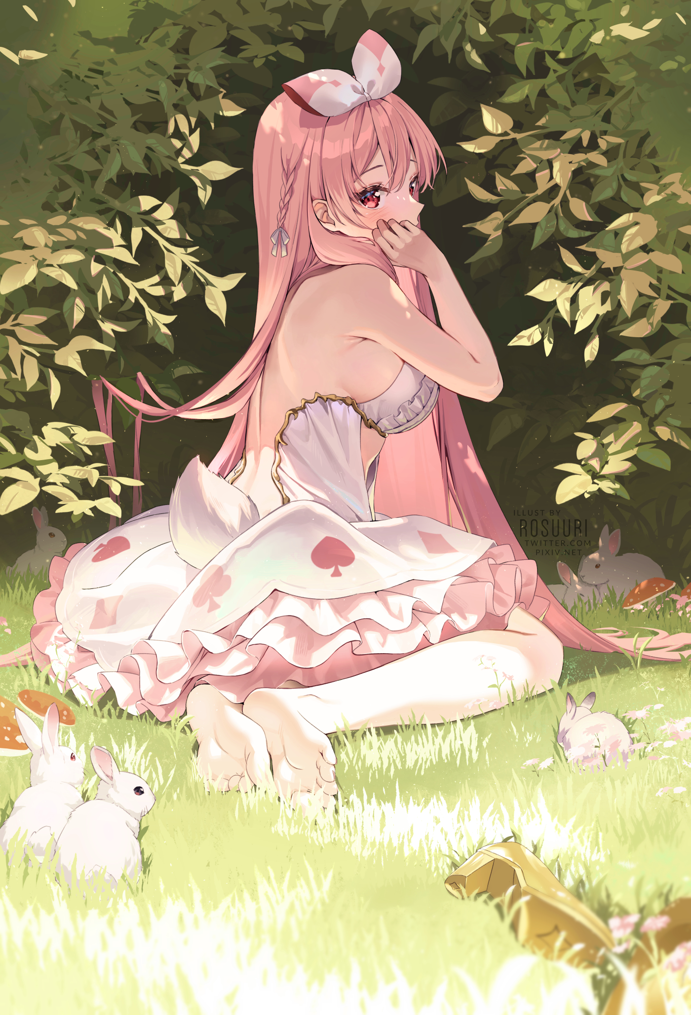 Anime 1400x2056 anime anime girls pink hair pink eyes rabbits tail bareback grass animals barefoot feet dress Alice in Wonderland Rosuuri artwork