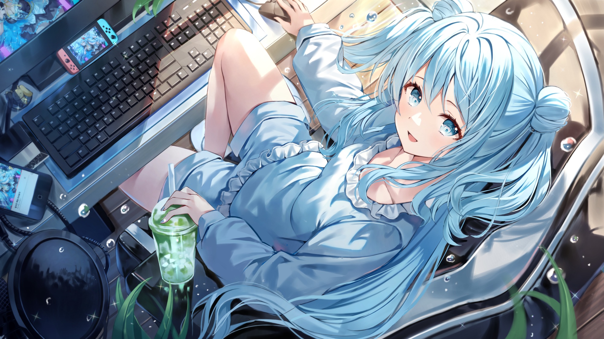 Anime 2000x1125 anime anime girls blue hair blue eyes drink Nintendo Switch phone twintails water drops keyboards looking up solo