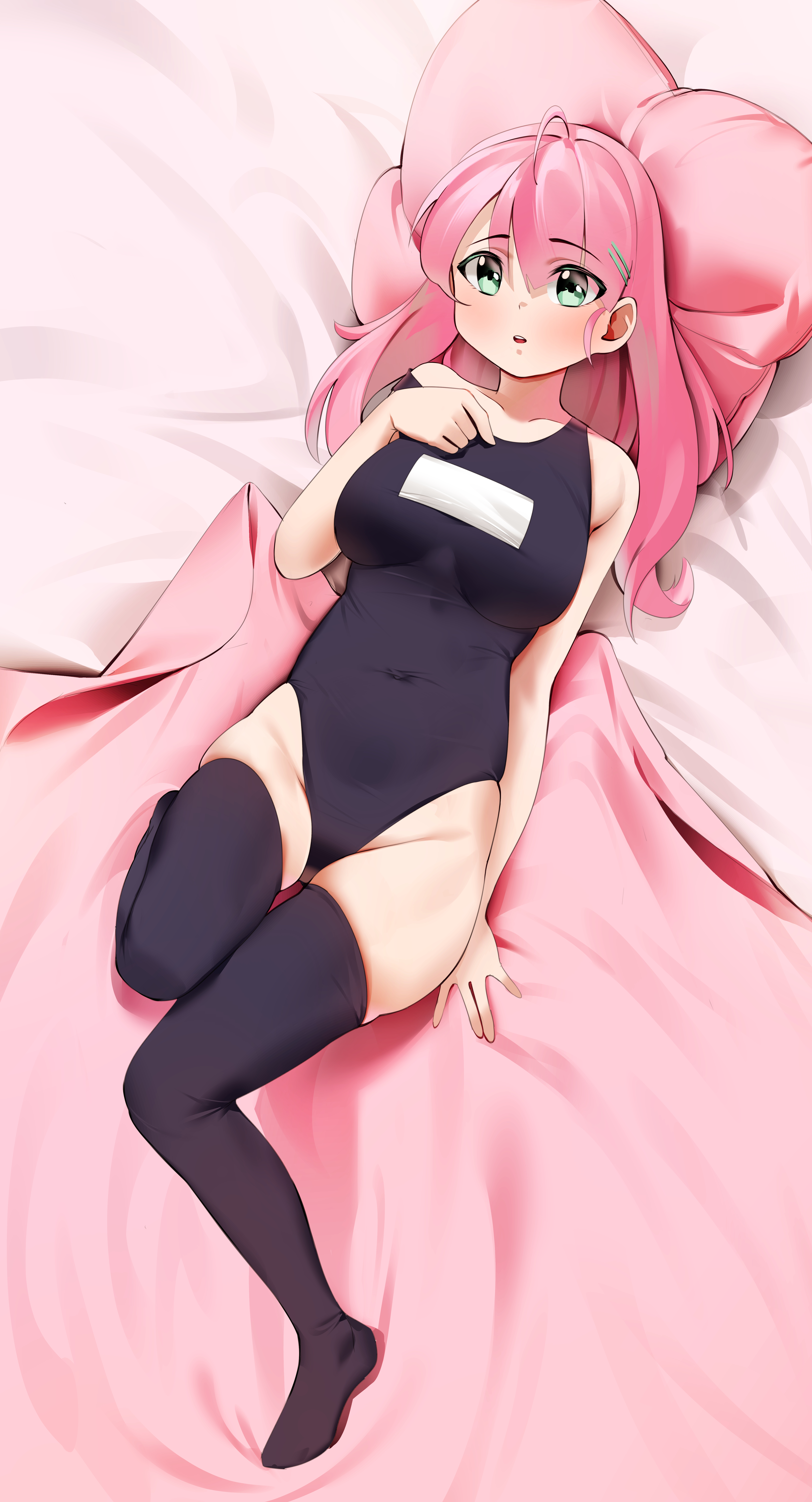 Anime 4946x9144 boobs curvy anime girls anime stockings bodysuit pink hair lying on back green eyes surprised Pixiv one-piece swimsuit blue eyes school swimsuits